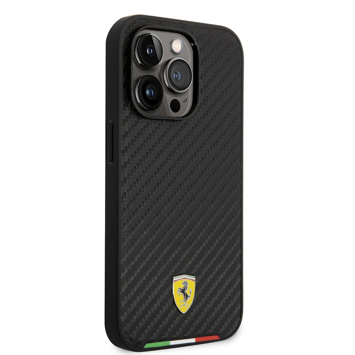 Apple iPhone 14 Pro Max Kılıf Ferrari M-safe Şarj Özellikli Karbon İtalyan Bayrak Dizayn Kapak