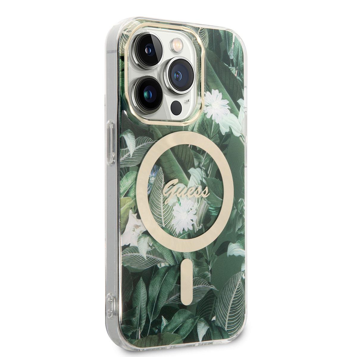 Apple iPhone 14 Pro Max Kılıf GUESS M-safe Şarj Özellikli Yaprak Desenli M-safe Şarj Kablolu Kapak