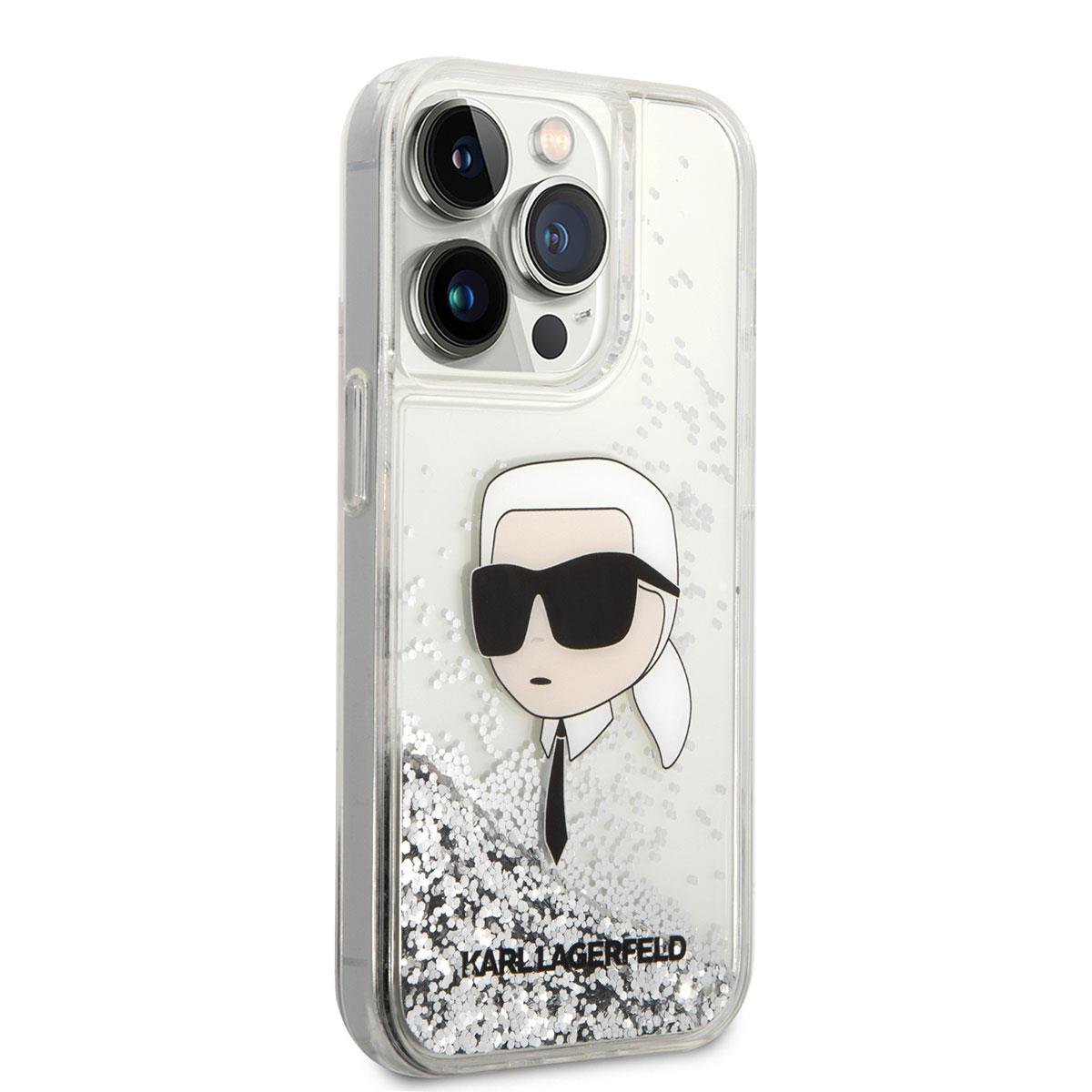 Apple iPhone 14 Pro Max Kılıf Karl Lagerfeld Sıvılı Simli Karl Head Dizayn Kapak