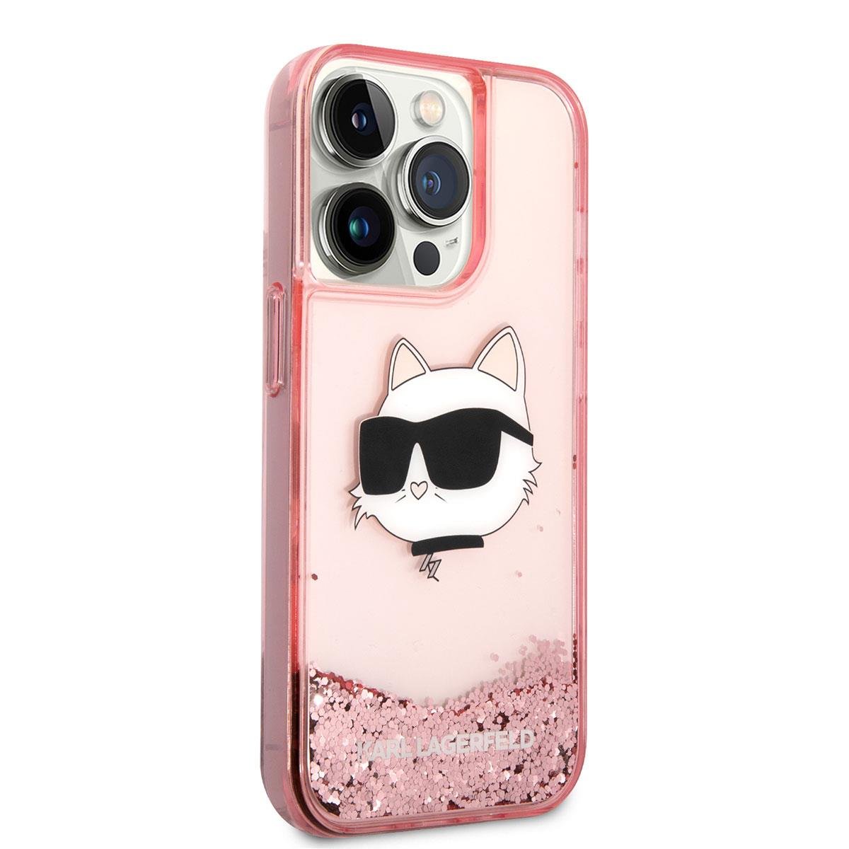 Apple iPhone 14 Pro Max Kılıf Karl Lagerfeld Sıvılı Simli Choupette Head Dizayn Kapak