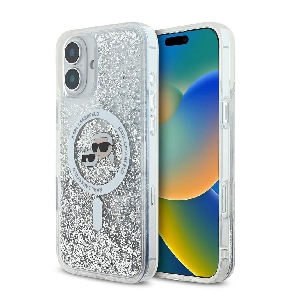 Apple iPhone 16 Plus Kılıf Karl Lagerfeld Orjinal Lisanslı M-safe Şarj Özellikli Sıvılı Simli K&C Heads Kapak