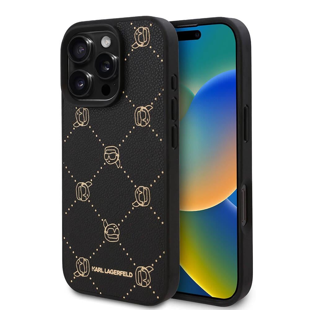 Apple iPhone 16 Pro Max Kılıf Karl Lagerfeld Orjinal Lisanslı M-safe Şarj Özellikli PU Deri Karl Heads Desenli Klasik Logolu Kapak
