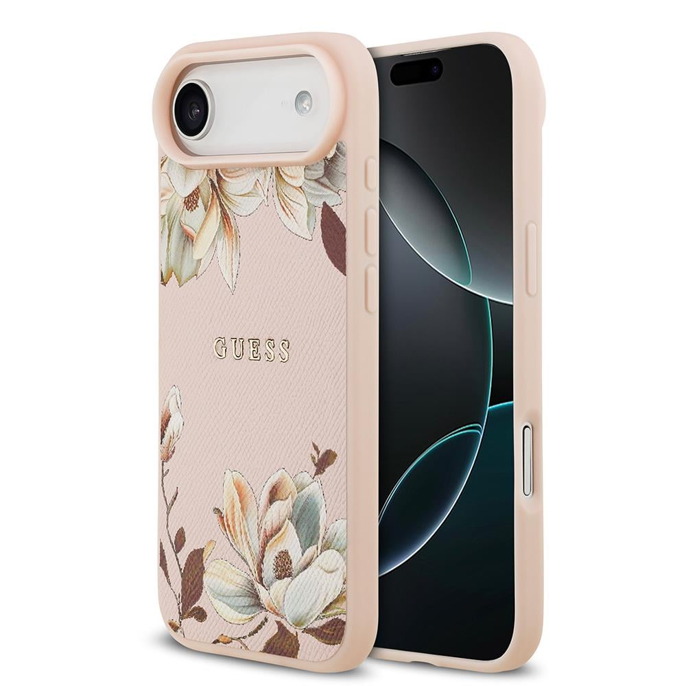 Apple iPhone 17 Air Kılıf Guess Orjinal Lisanslı M-safe Şarj Özellikli Taneli Çiçek Tasarımlı Metal Yazı Logolu Kapak