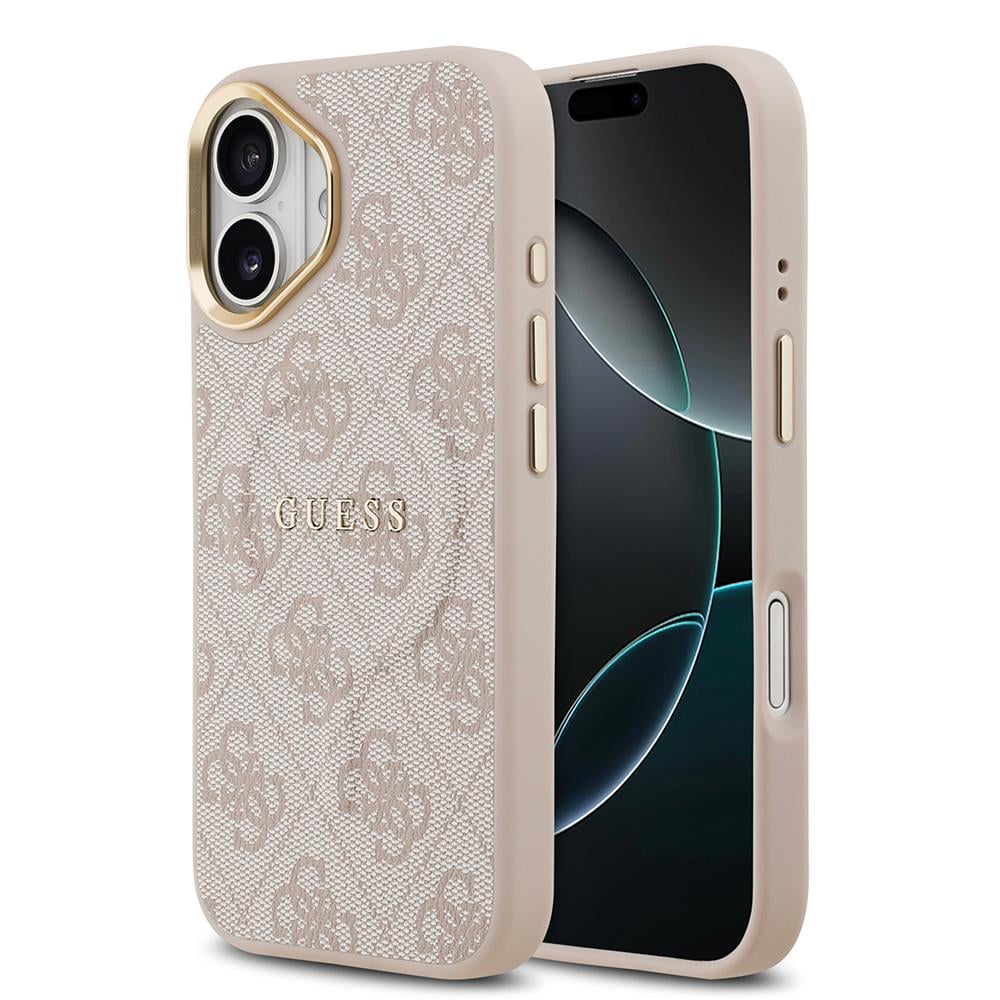 Apple iPhone 17 Kılıf Guess Orjinal Lisanslı M-safe Şarj Özellikli Gold Metal Kamera Çerçeveli PU Deri 4G Desenli Yazı Logolu Kapak