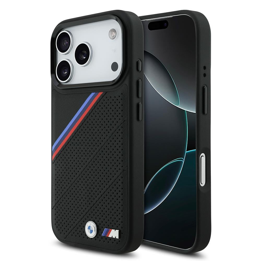 Apple iPhone 17 Pro Kılıf BMW Orjinal Lisanslı M-safe Şarj Özellikli M Logolu Üç Şeritli Delikli Deri Kapak
