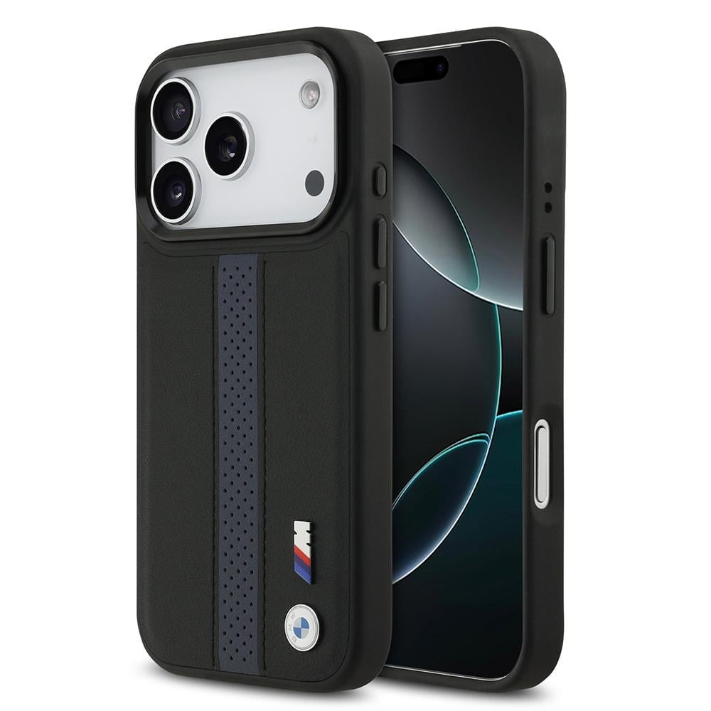 Apple iPhone 17 Pro Kılıf BMW Orjinal Lisanslı M-safe Şarj Özellikli Deri Arka Yüzey Metal Logolu Delikli Şerit Tasarımlı Kapak