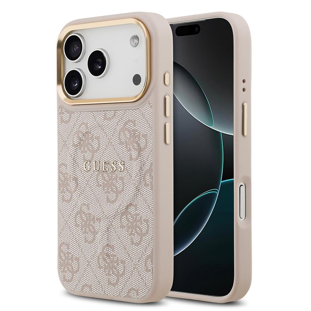Apple iPhone 17 Pro Kılıf Guess Orjinal Lisanslı M-safe Şarj Özellikli Gold Metal Kamera Çerçeveli PU Deri 4G Desenli Yazı Logolu Kapak
