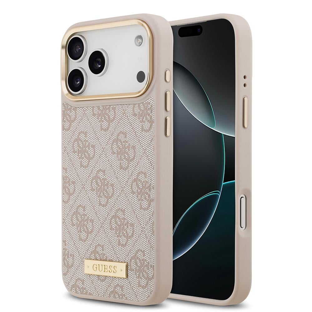 Apple iPhone 17 Pro Max Kılıf Guess Orjinal Lisanslı M-safe Şarj Özellikli 4G Desenli PU Metal Plaka Klasik Logolu Kapak