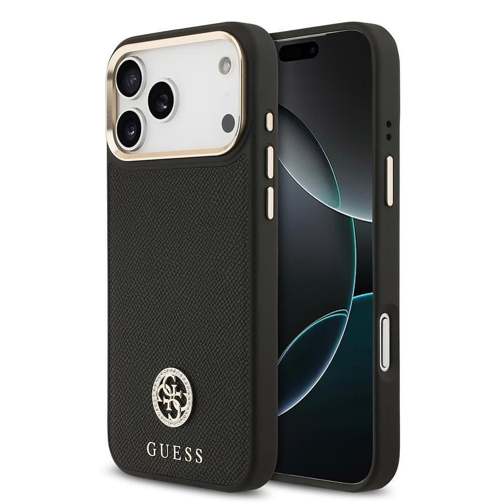 Apple iPhone 17 Pro Max Kılıf Guess Orjinal Lisanslı M-safe Şarj Özellikli Grained Yazı ve Taşlı 4G Logolu Kapak