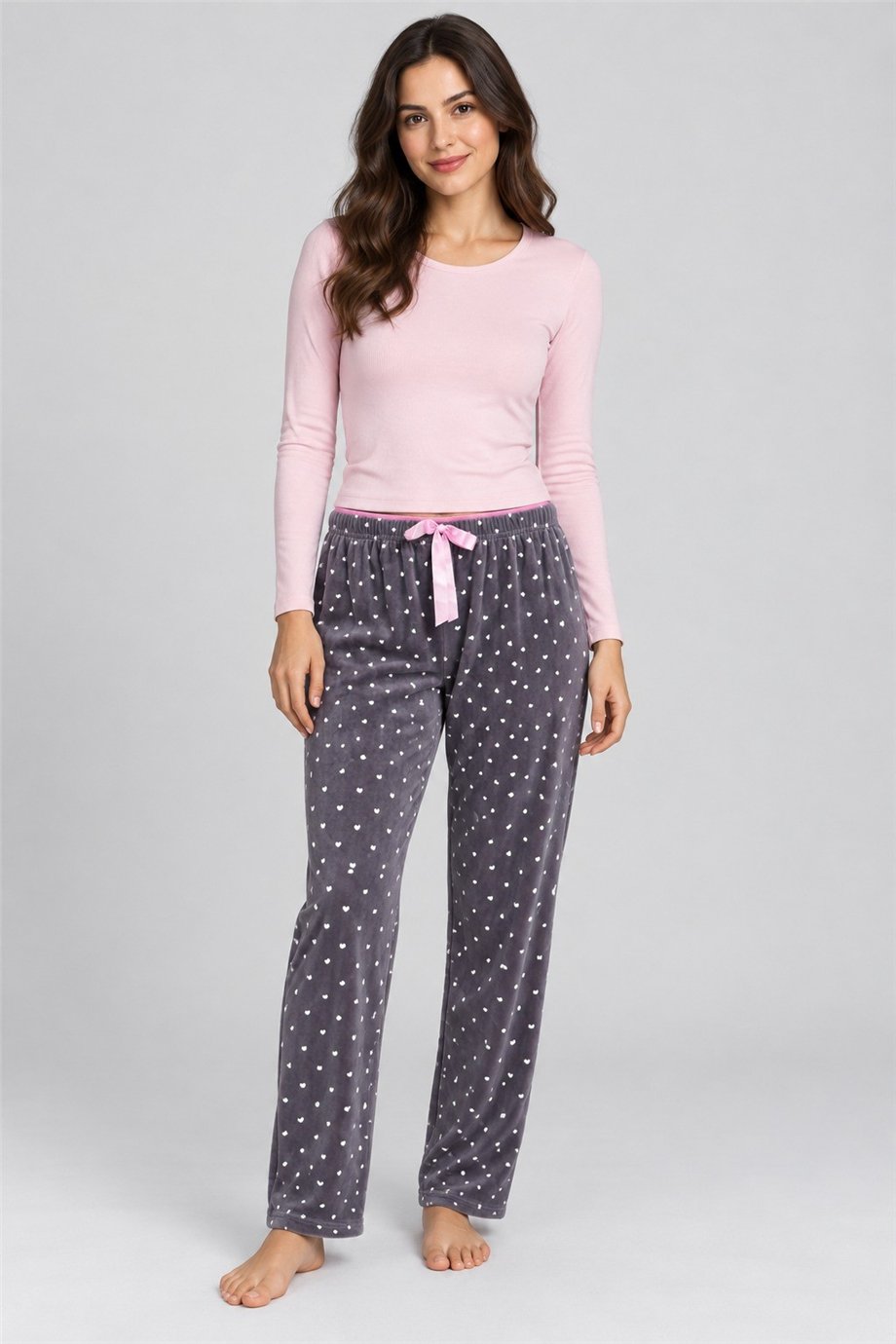 Kadın Gri Küçük Kalp Desenli Uzun Tek Alt Pij Pijama – MV04