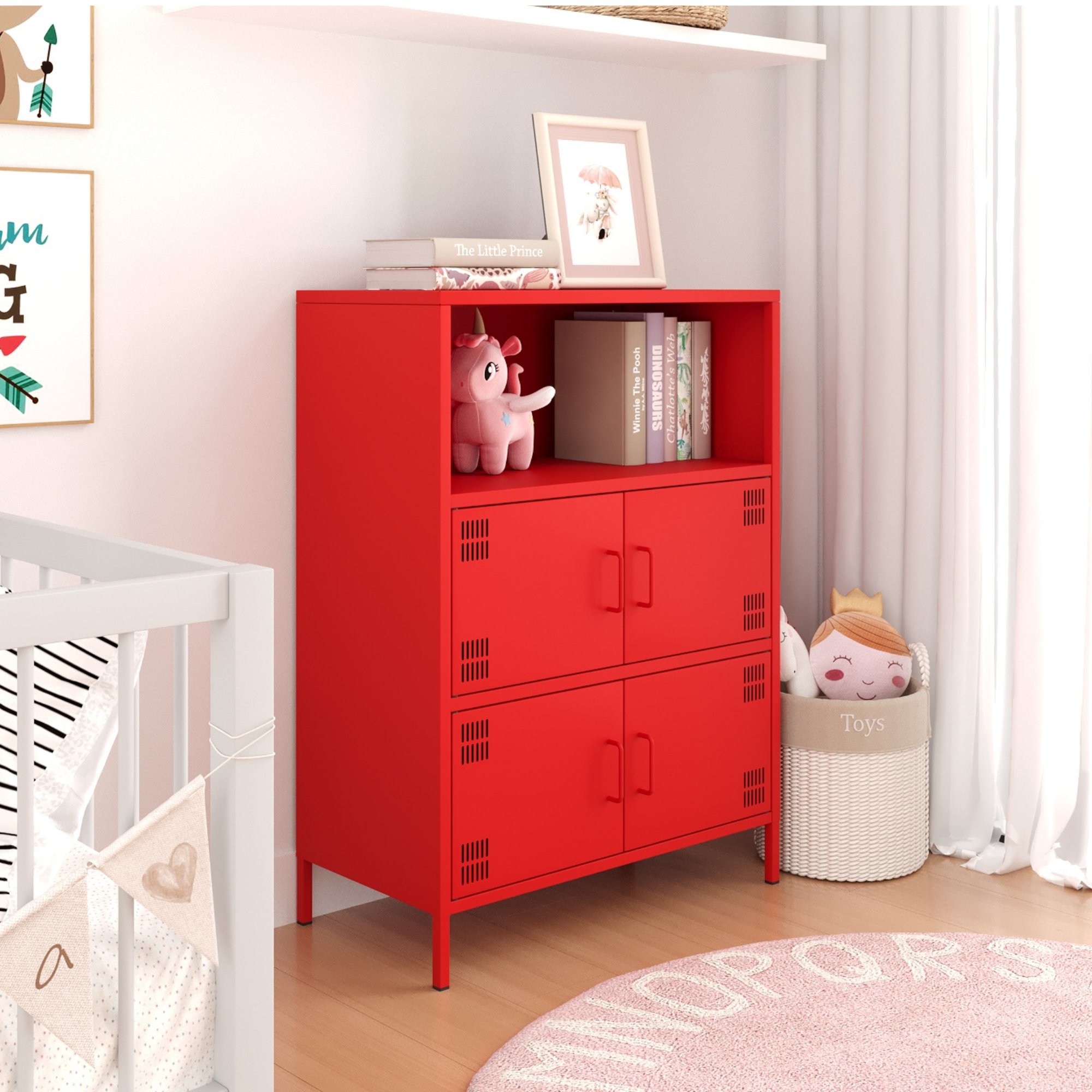 Pera Metal Çok Gözlü Dolap, 4 Kapaklı, Açık Raflı 80,50 x 40 x 109,50 cm - Ral 3020 Kırmızı