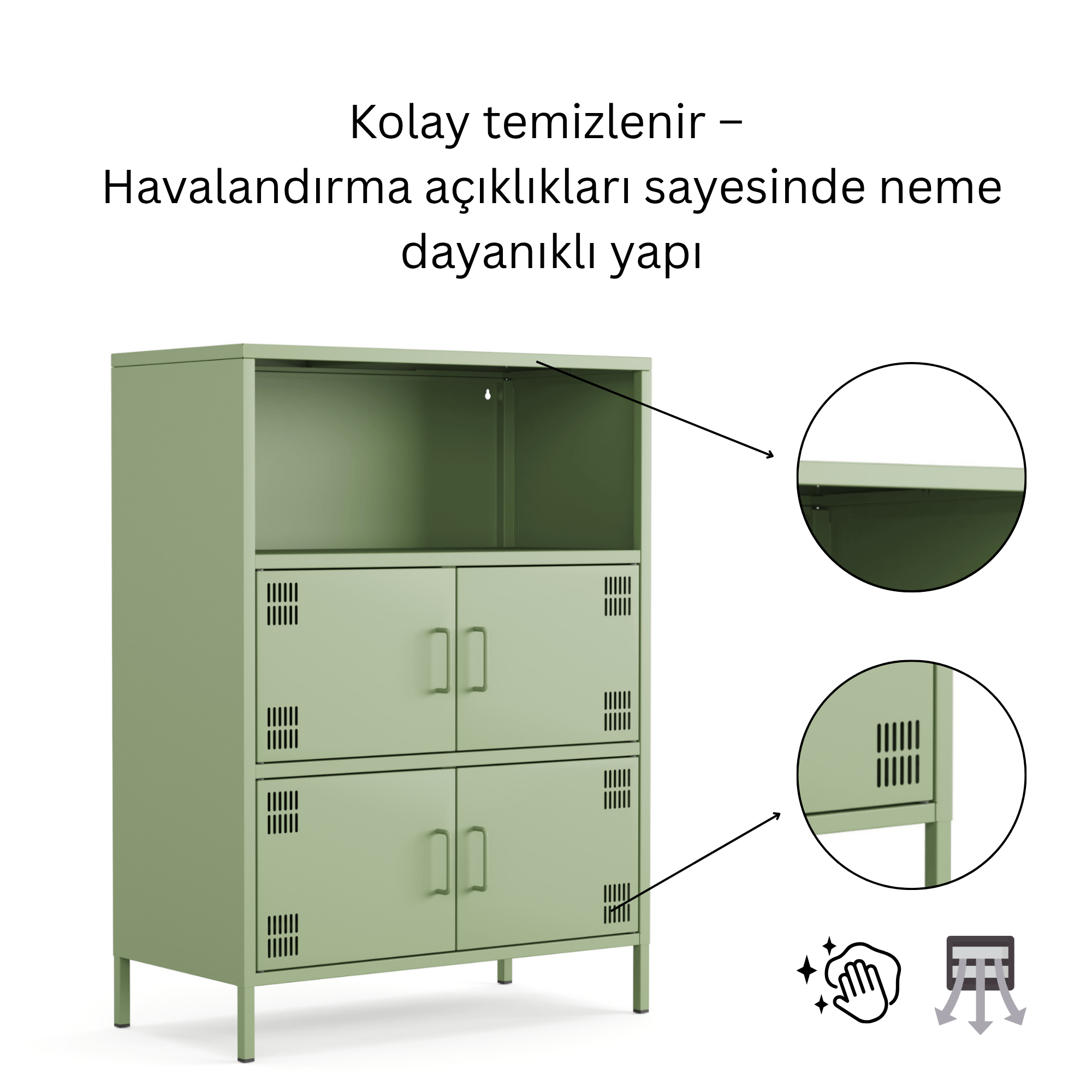 Pera Metal Çok Gözlü Dolap, 4 Kapaklı, Açık Raflı 80,50 x 40 x 109,50 cm - Ral 6011 Yeşil