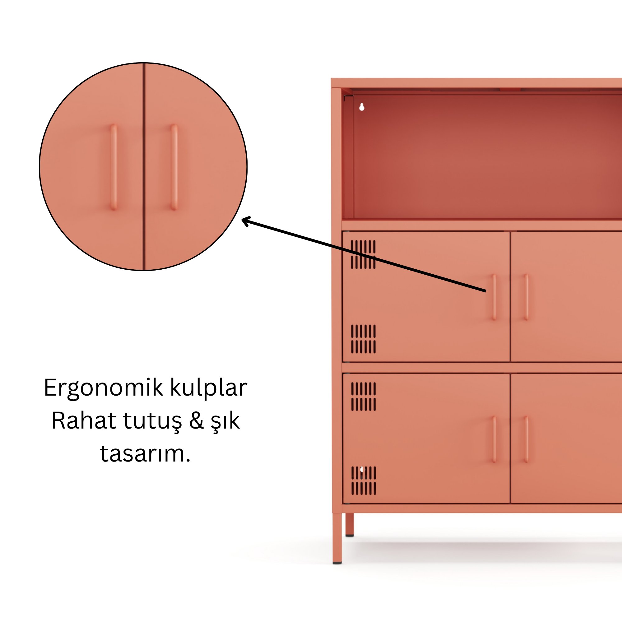 Pera Metal Çok Gözlü Dolap, 4 Kapaklı, Açık Raflı 80,50 x 40 x 109,50 cm - Ral 3022 Somon