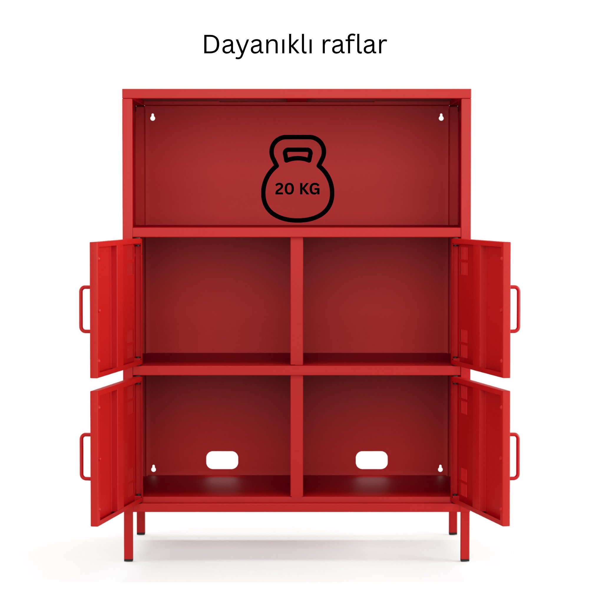 Pera Metal Çok Gözlü Dolap, 4 Kapaklı, Açık Raflı 80,50 x 40 x 109,50 cm - Ral 3020 Kırmızı