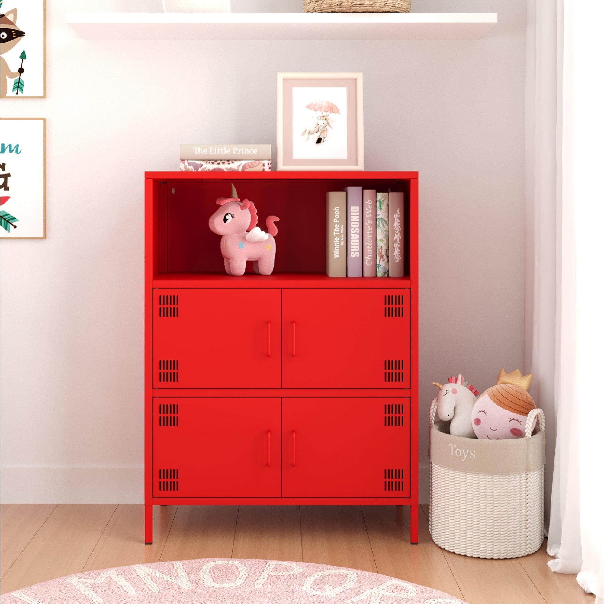 Pera Metal Çok Gözlü Dolap, 4 Kapaklı, Açık Raflı 80,50 x 40 x 109,50 cm - Ral 3020 Kırmızı