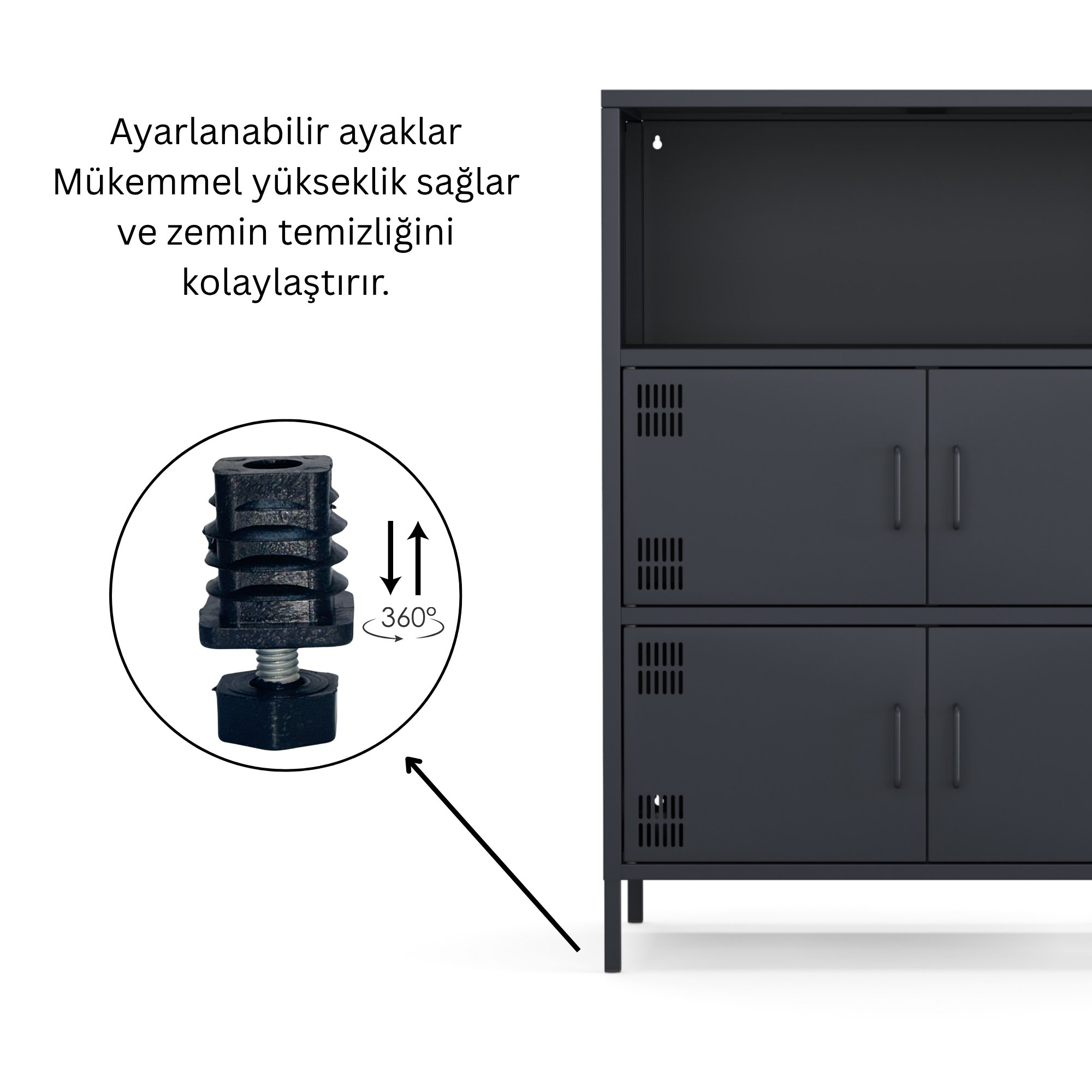 Pera Metal Çok Gözlü Dolap, 4 Kapaklı, Açık Raflı 80,50 x 40 x 109,50 cm - Ral 7016 Antrasit