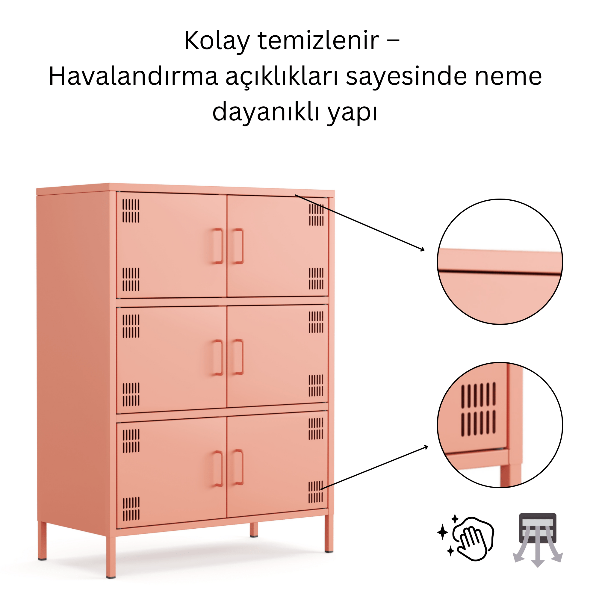 Pera Metal Çok Gözlü Dolap, 6 Kapaklı 80,50 x 40 x 109,50 cm - Ral 3022 Somon