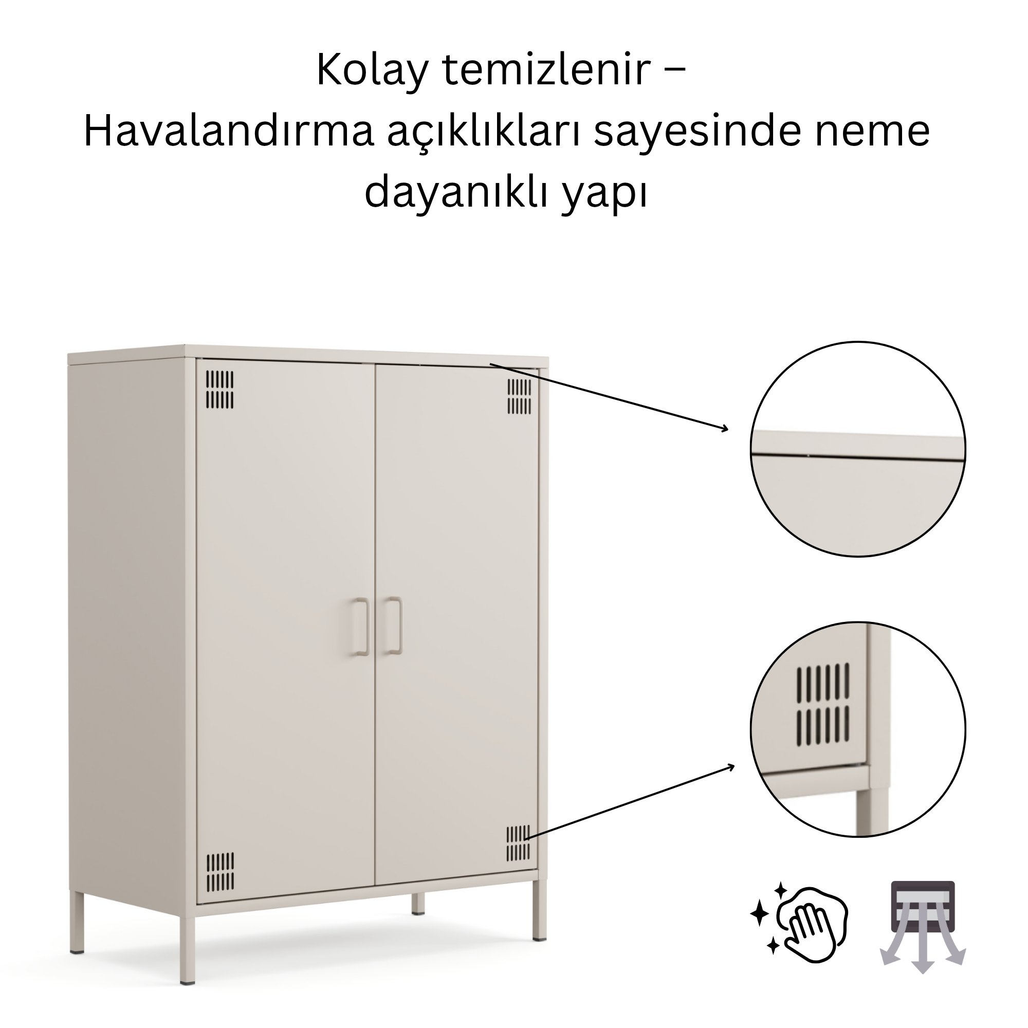 Pera Metal Dolap 2 Kapılı 80,50 x 40 x 109,50 cm - Bej Rengi