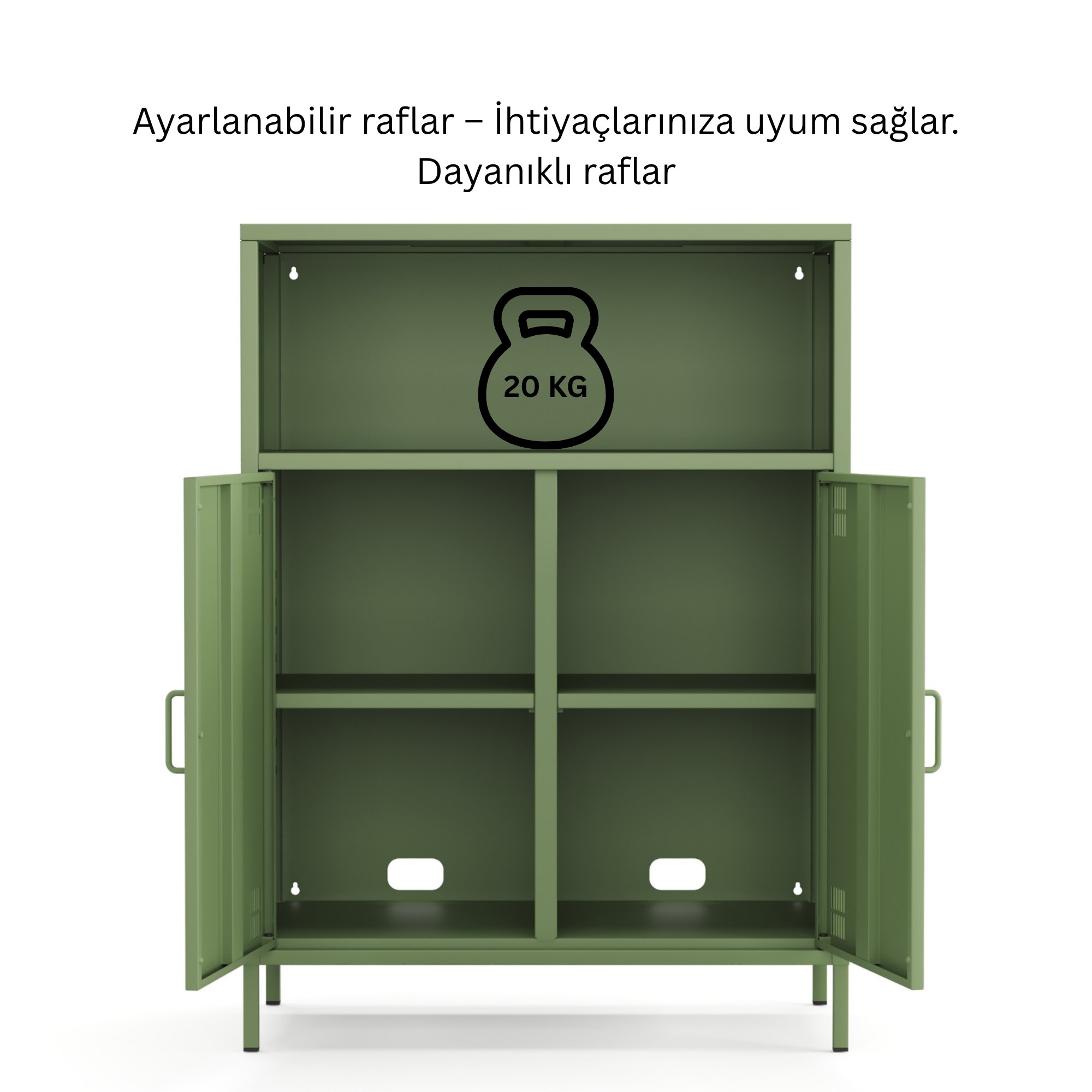 Pera Metal Dolap 2 Kapılı, Açık Raflı 80,50 x 40 x 109,50 cm - Ral 6011 Yeşil