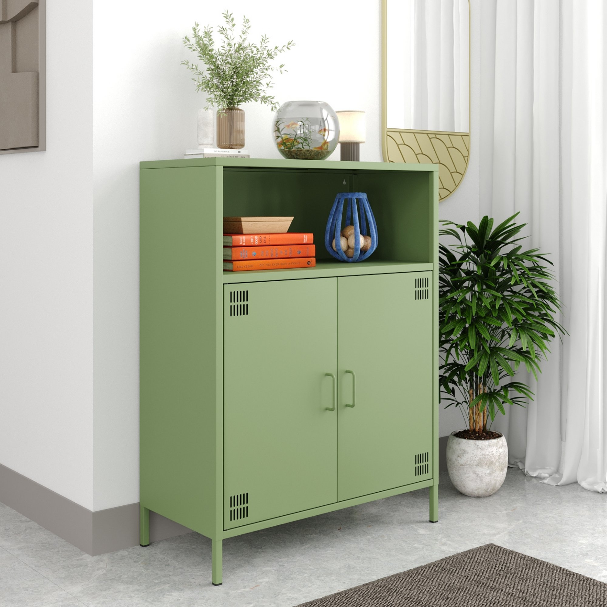 Pera Metal Dolap 2 Kapılı, Açık Raflı 80,50 x 40 x 109,50 cm - Ral 6011 Yeşil