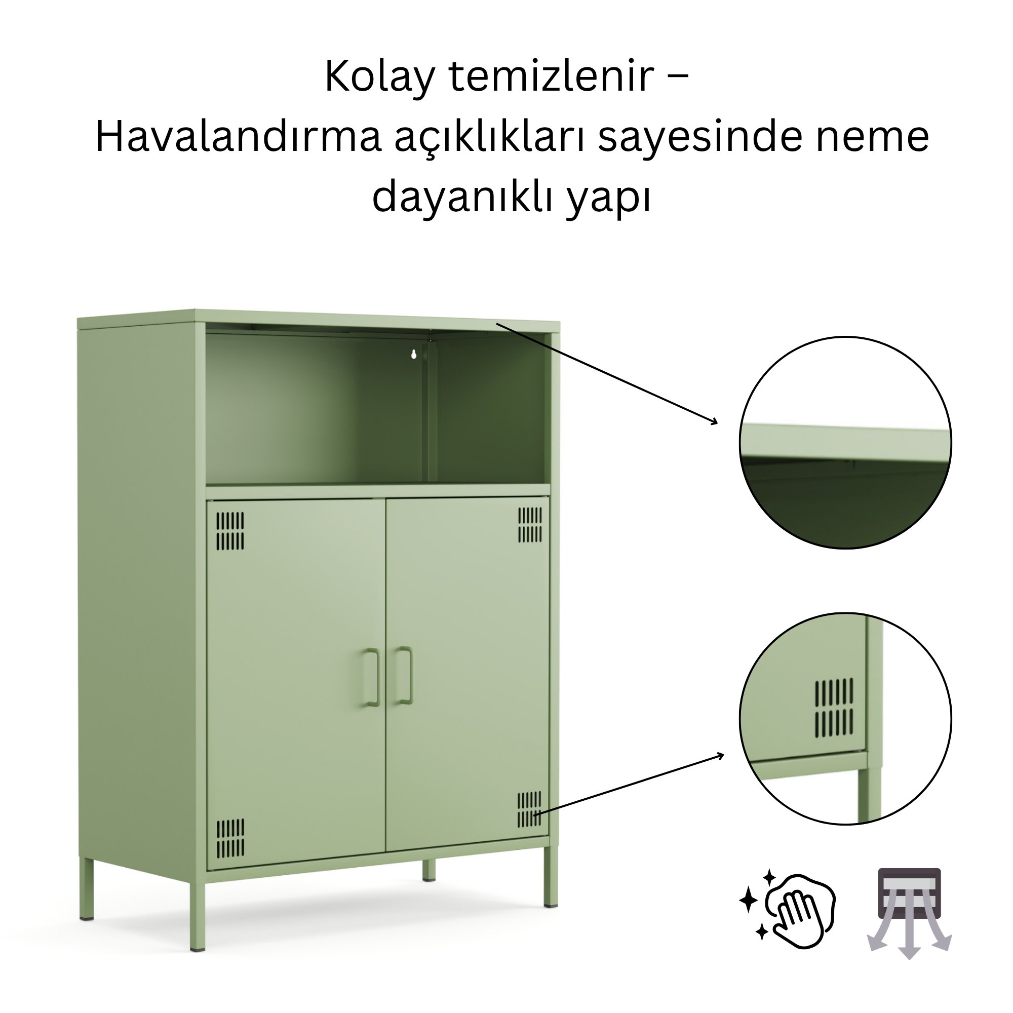 Pera Metal Dolap 2 Kapılı, Açık Raflı 80,50 x 40 x 109,50 cm - Ral 6011 Yeşil