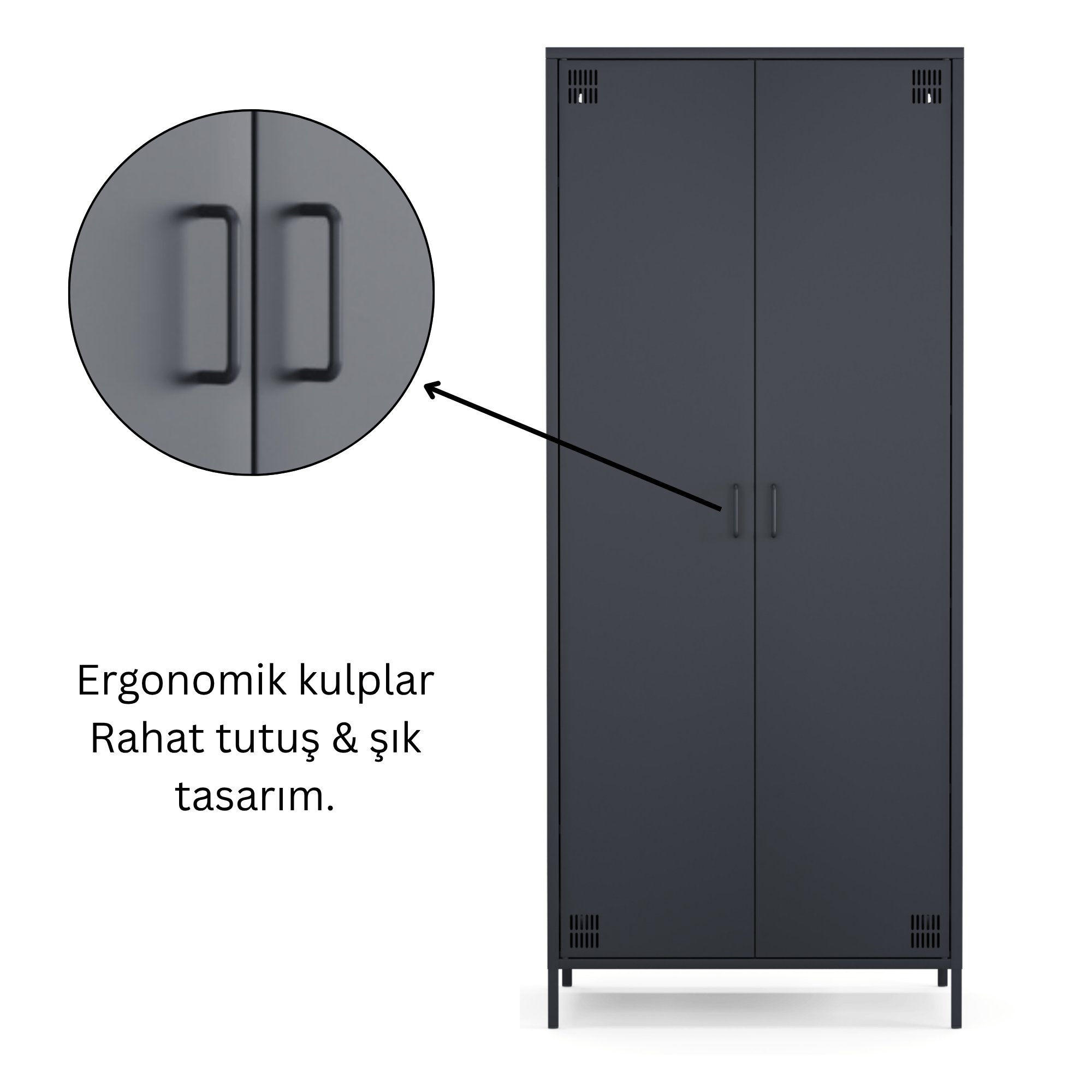 Pera Metal Elbise Dolabı, Soyunma Dolabı, İki Kapılı, 80,50 x 50 x 189,50 cm - Ral 7016 Antrasit