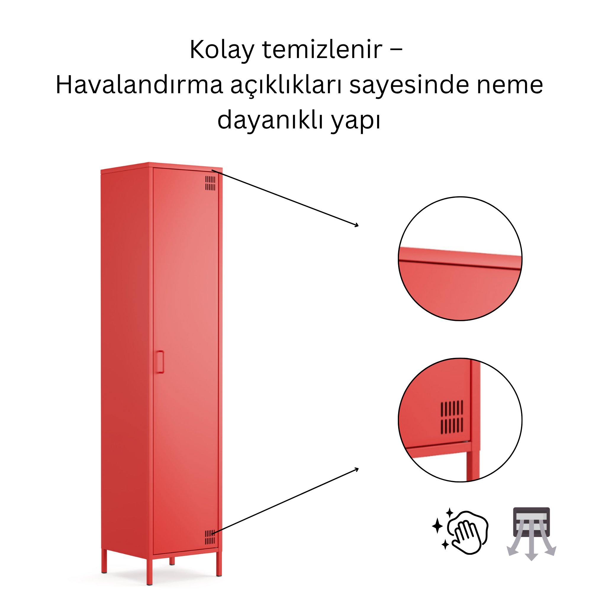 Pera Metal Elbise Dolabı, Soyunma Dolabı, Tek Kapılı, 41,50 x 40 x 189,50 cm - Ral 3020 Kırmızı