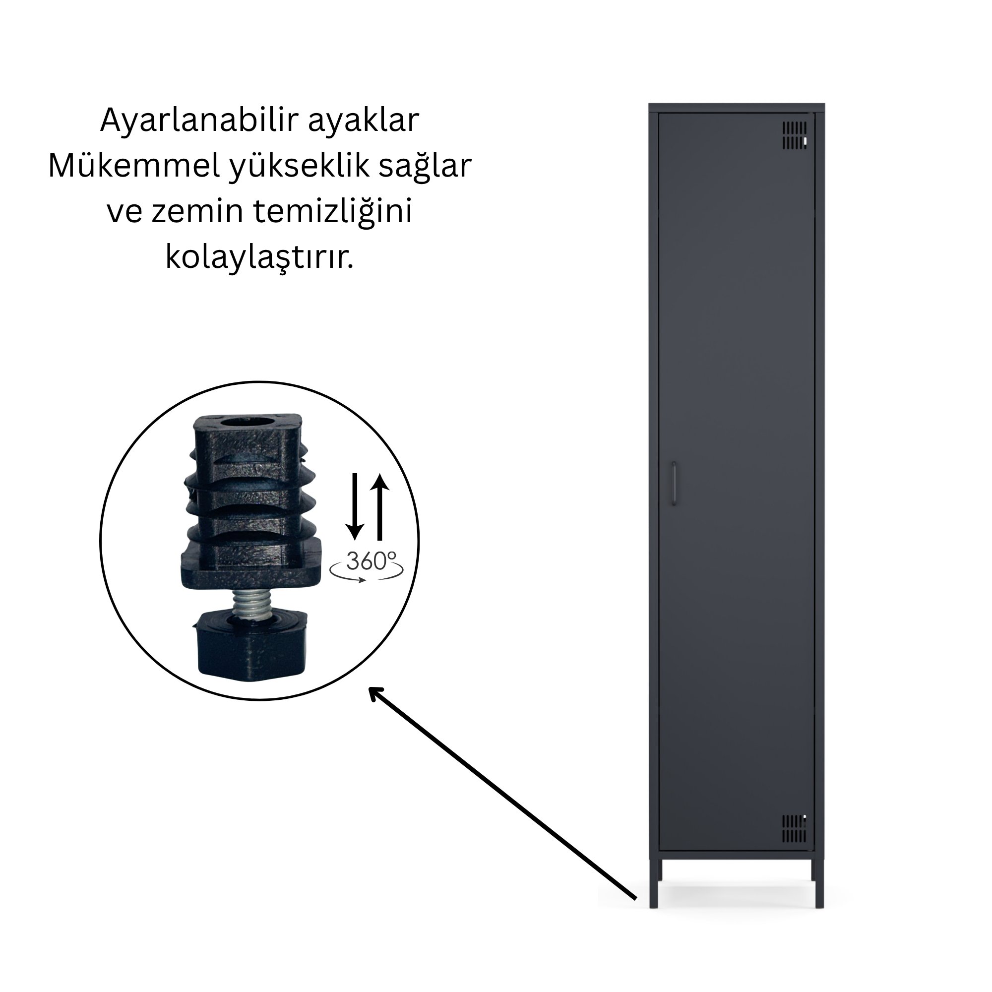 Pera Metal Elbise Dolabı, Soyunma Dolabı, Tek Kapılı, 41,50 x 40 x 189,50 cm - Ral 7016 Antrasit