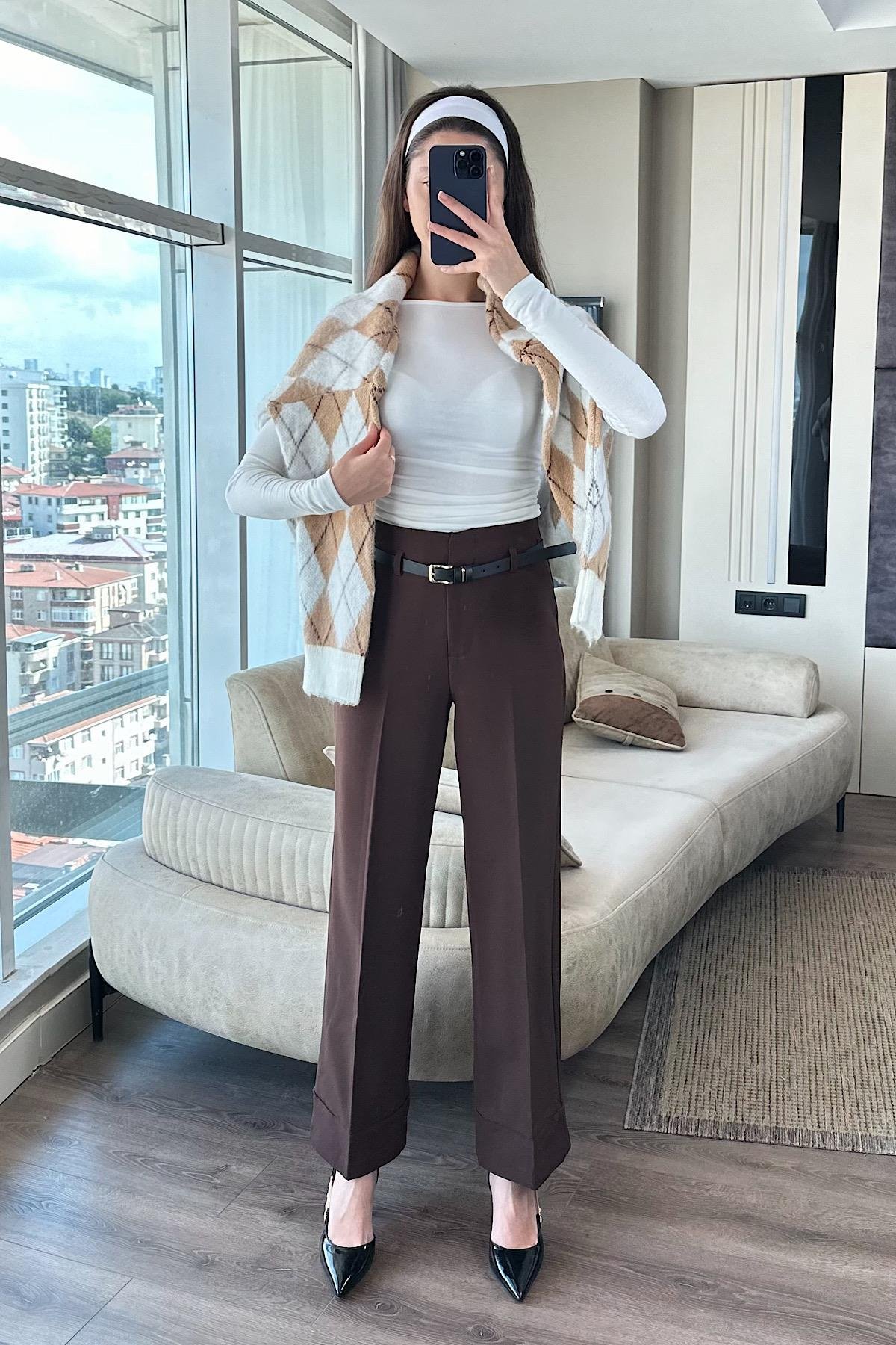 KEMERLİ DOUBLE PAÇA PANTOLON-kahve 