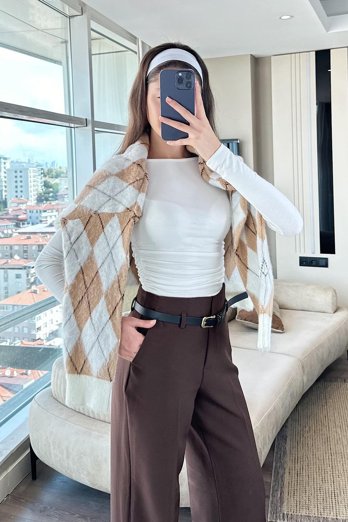 KEMERLİ DOUBLE PAÇA PANTOLON-kahve 