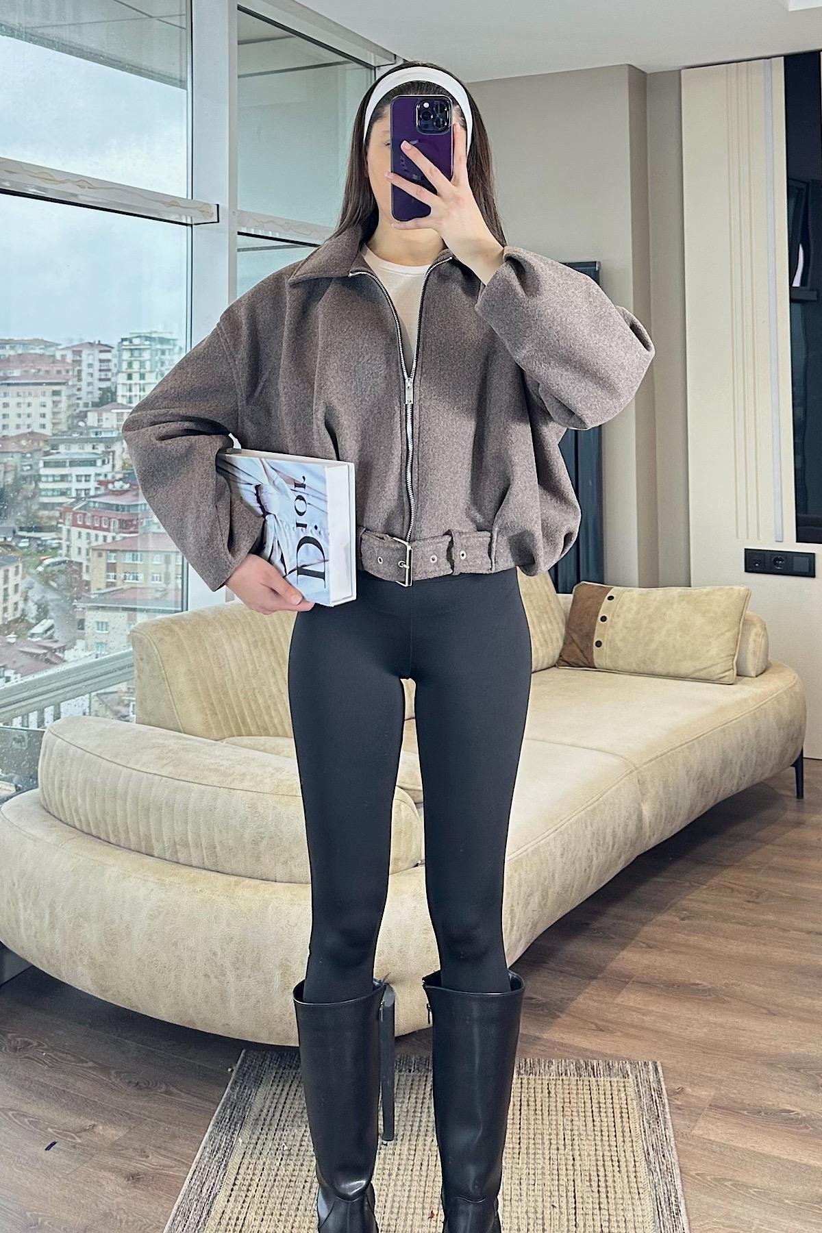 KEMERLİ KAŞE BOMBER CEKET-Kahve