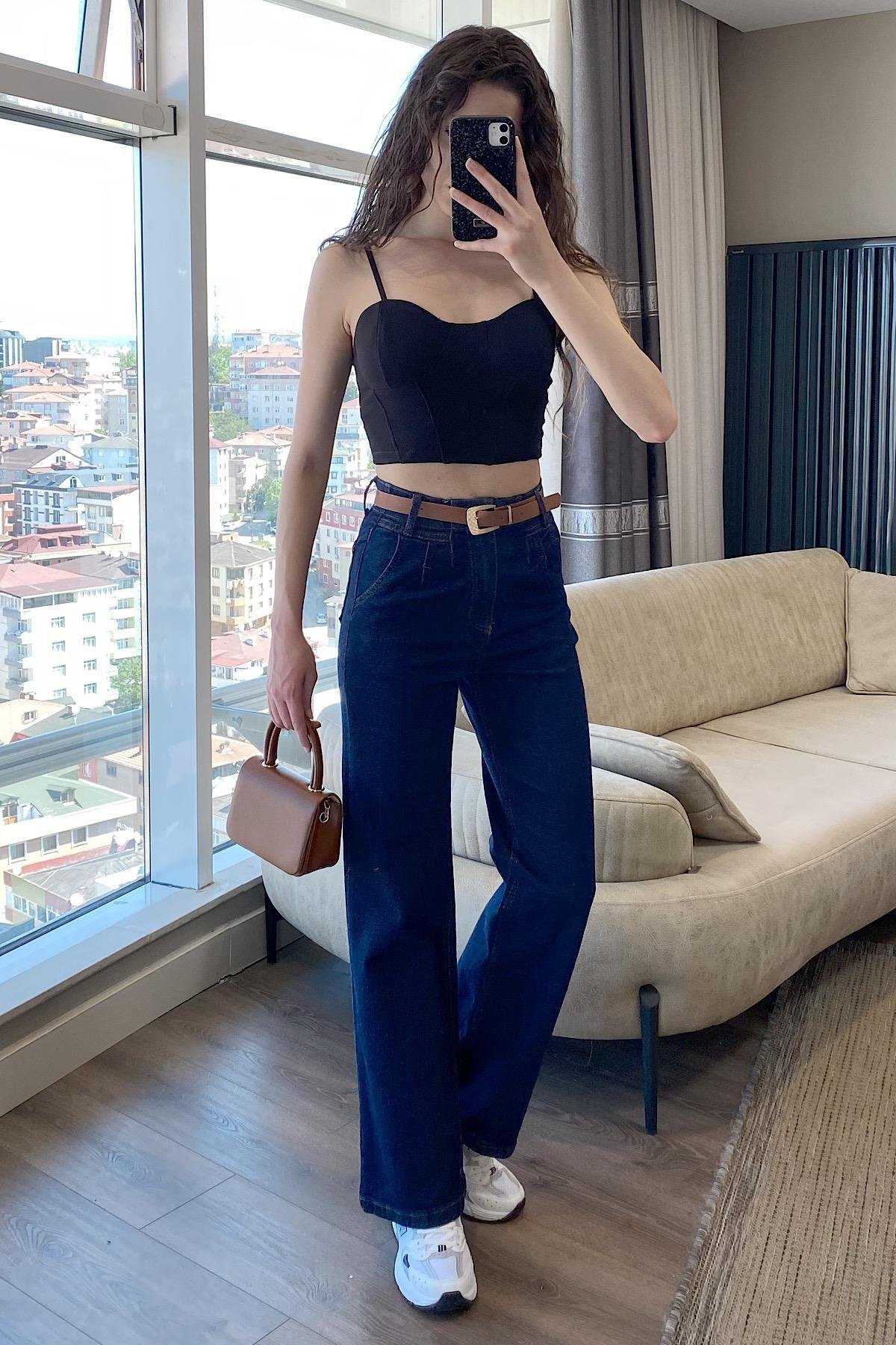 KEMERLİ PALAZZO KOT PANTOLON-lacivert 