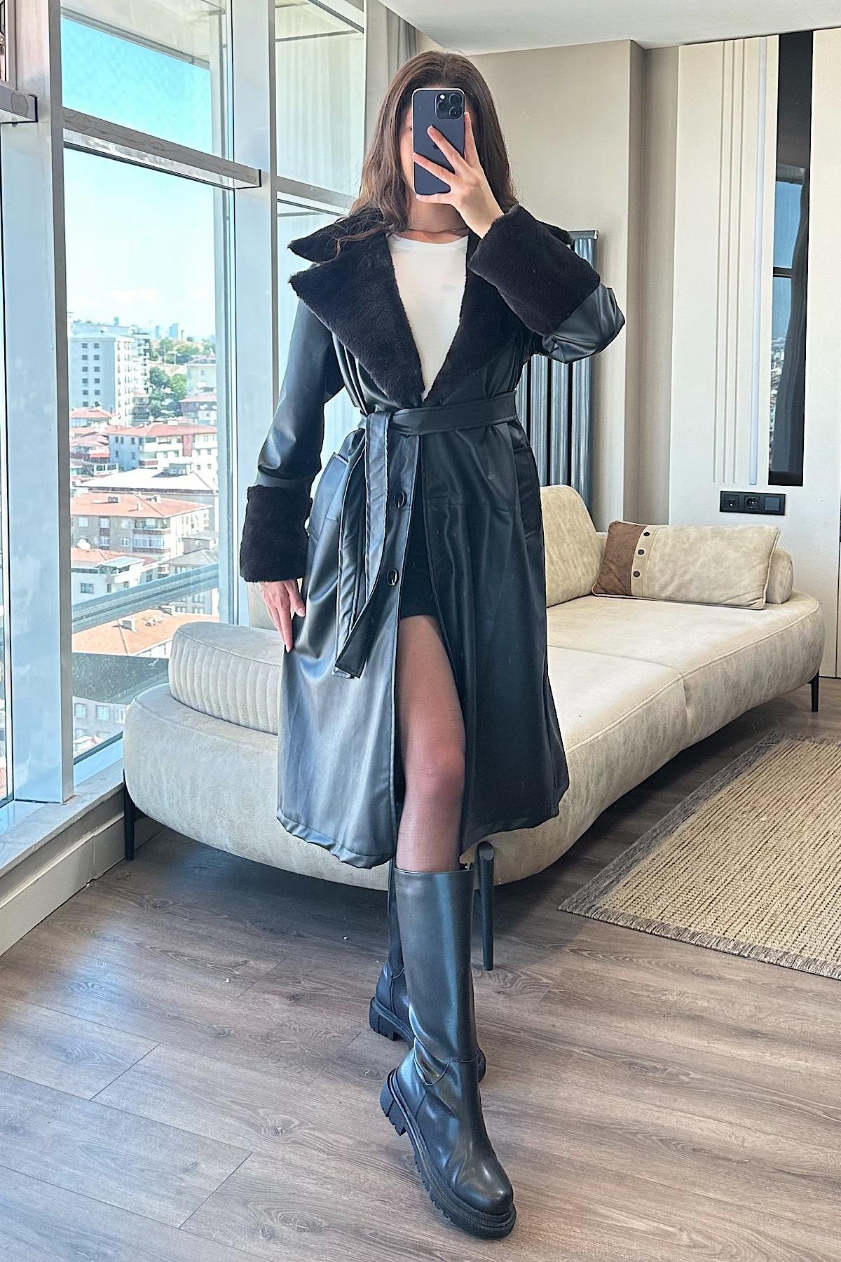 SARA YAKASI KÜRK DERİ TRENÇ-Siyah