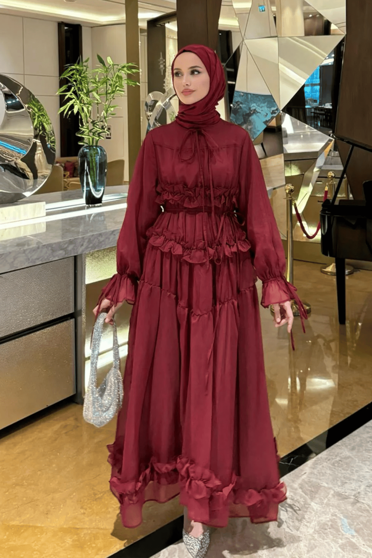 ELSA FIRFIR DETAYLI ŞİFON ABİYE ELBİSE BORDO
