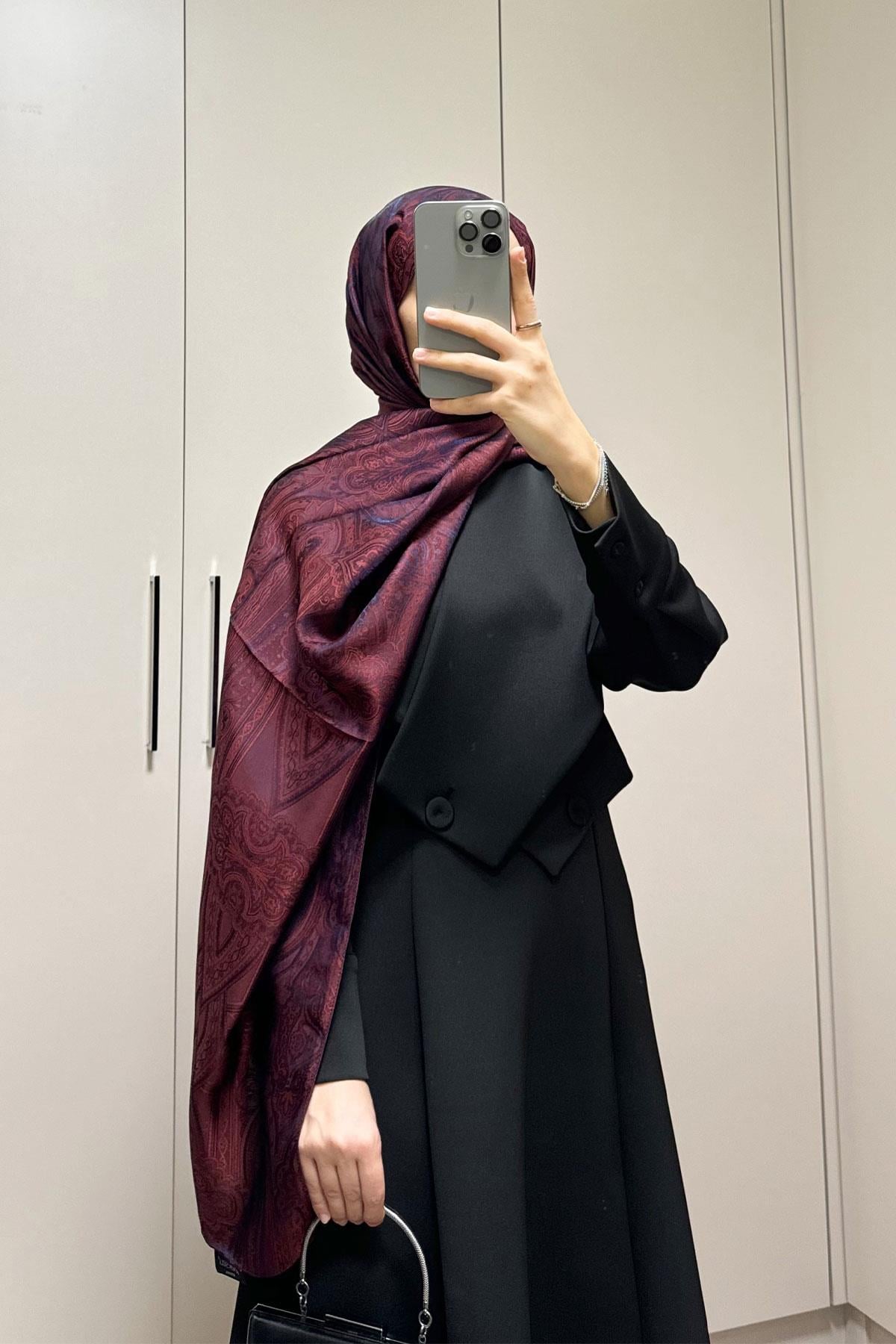 İPEKSİ JAKAR ŞAL BORDO-LACİVERT