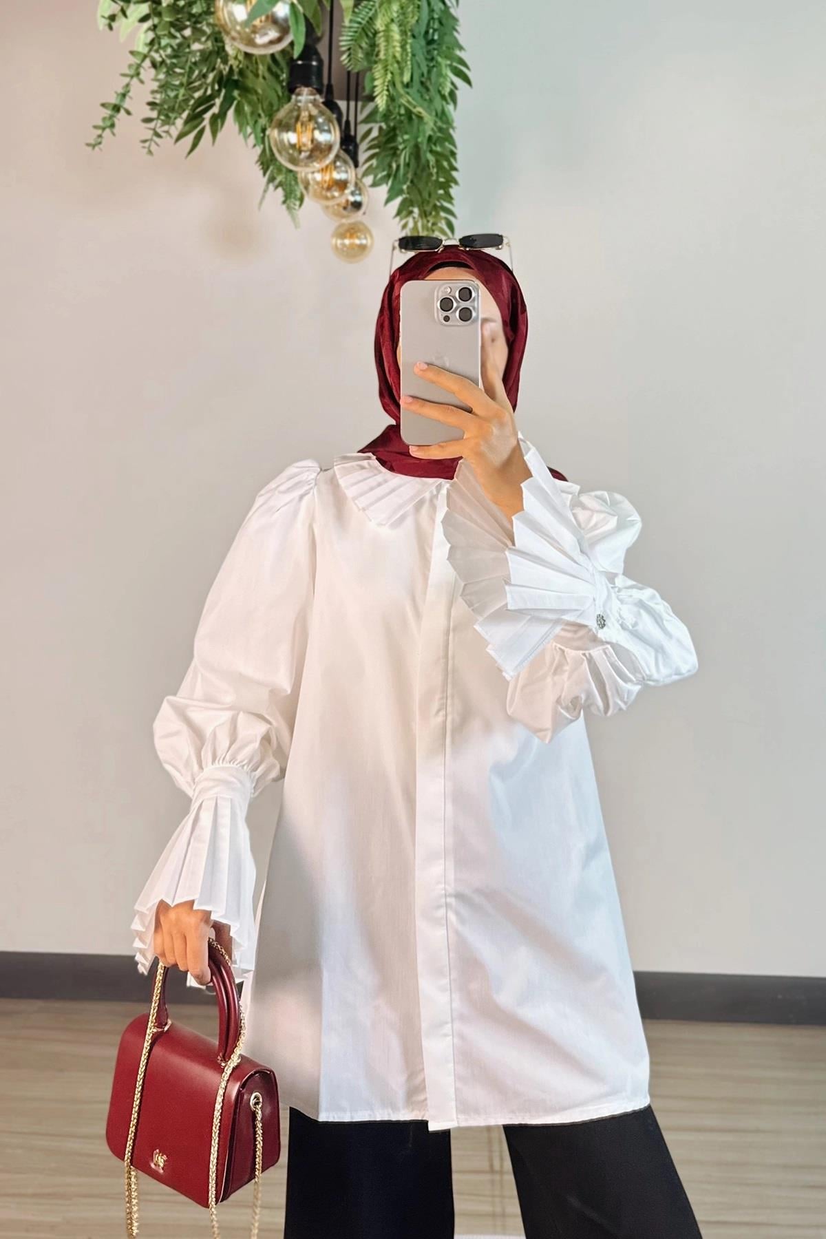 ROSY YAKASI PİLİSELİ GÖMLEK EKRU 