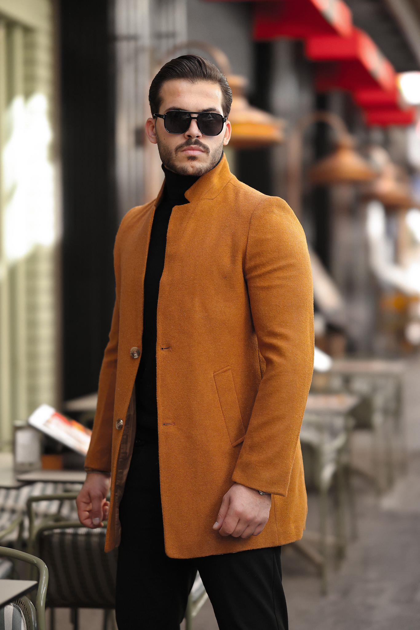 Slim Fit Kaşe Kaban Kahve