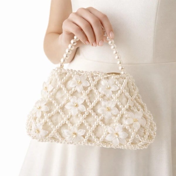 Floral Lattice El Yapımı İnci Örgü Çiçek Detaylı Couture Top Handle Çanta