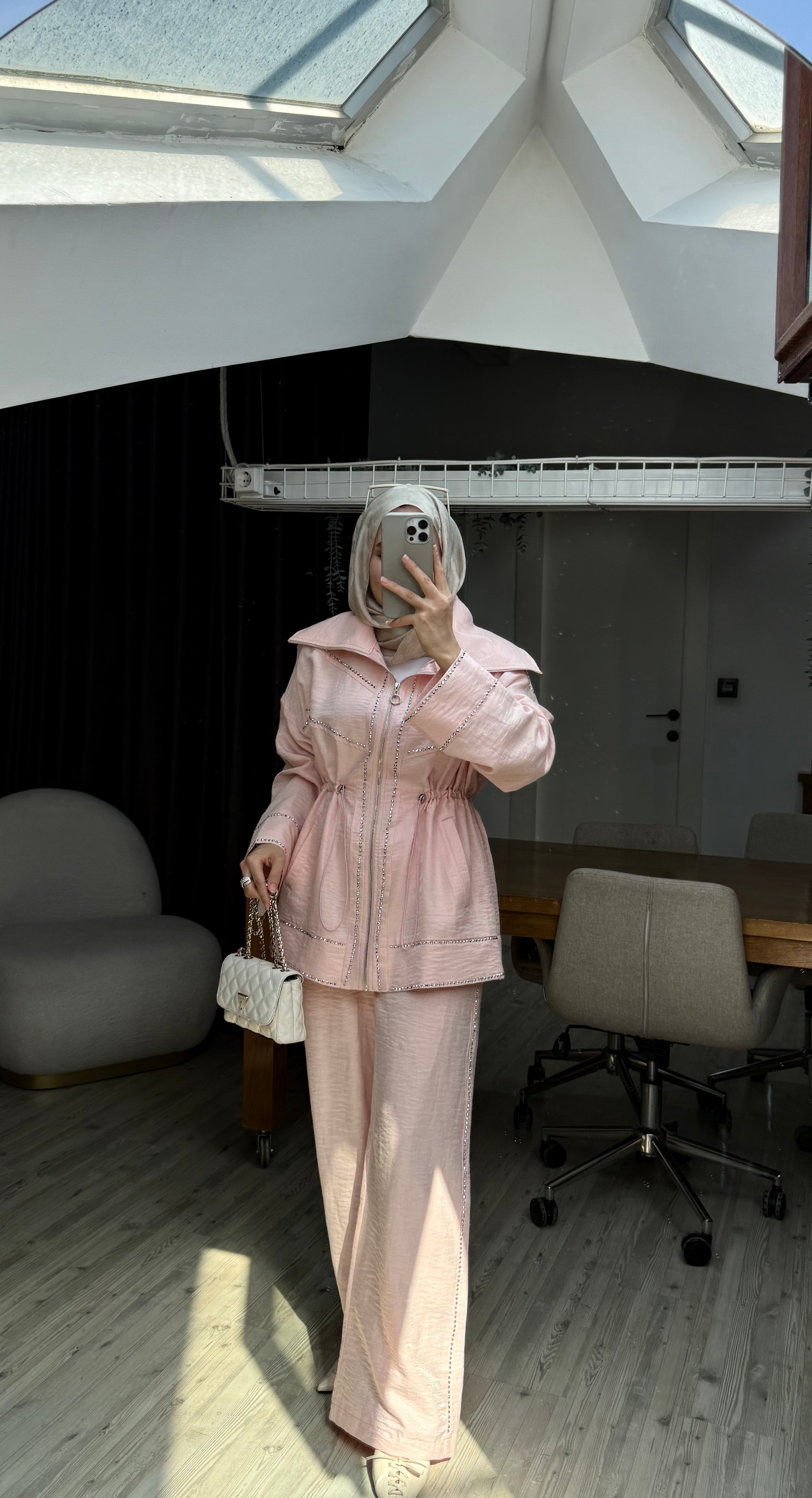 Disa Taşlı Jakarlı Takım | Pembe