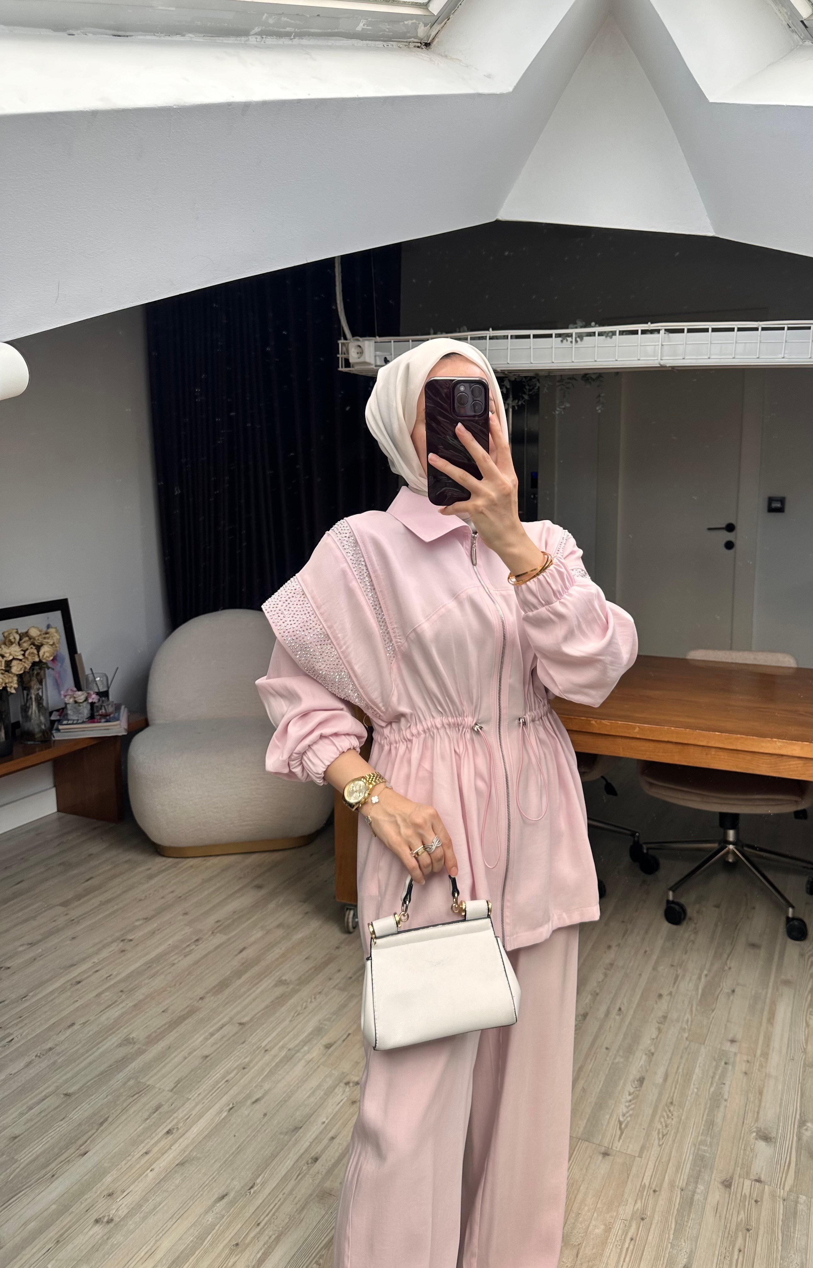 Fendy Taşlı Tensel Takım | Pembe