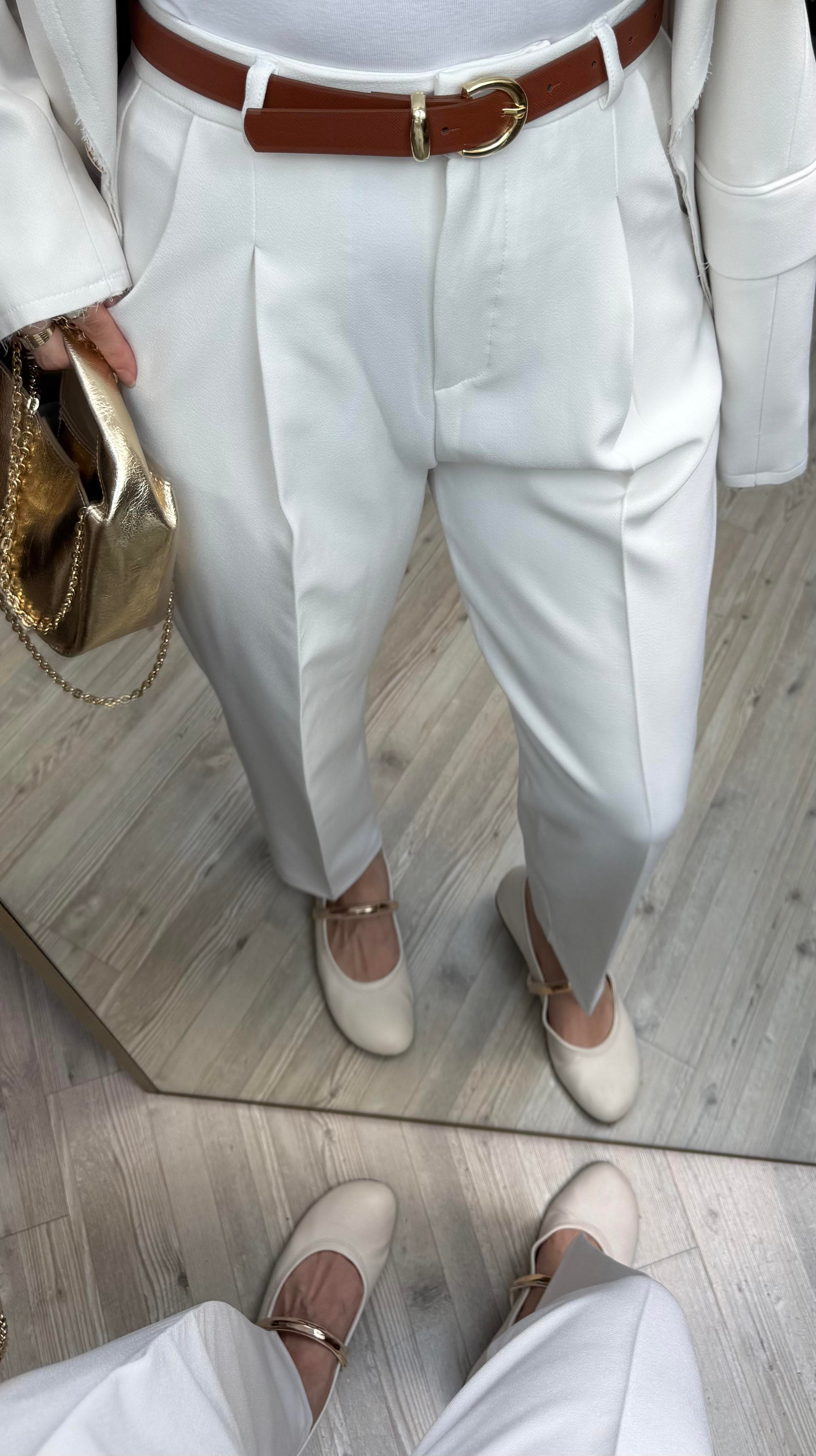 Kemerli Basic Pantolon-Beyaz