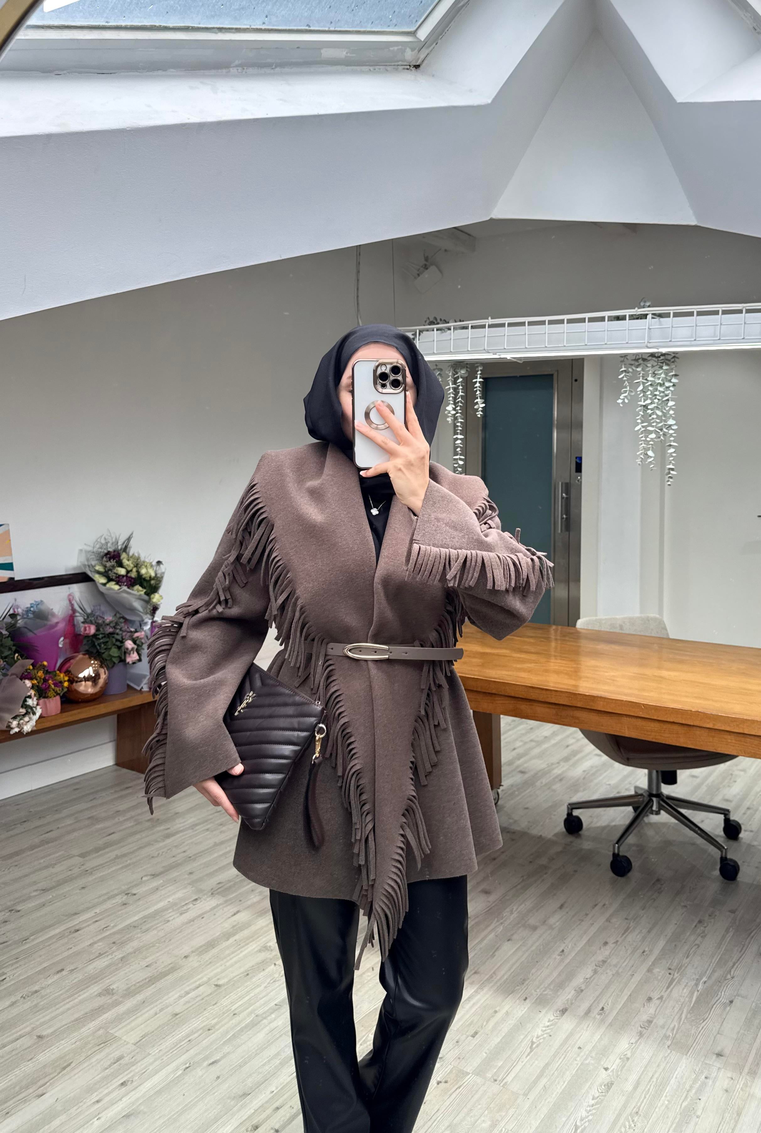 Yeni Helen Saçaklı Kaban Ceket - Mocca