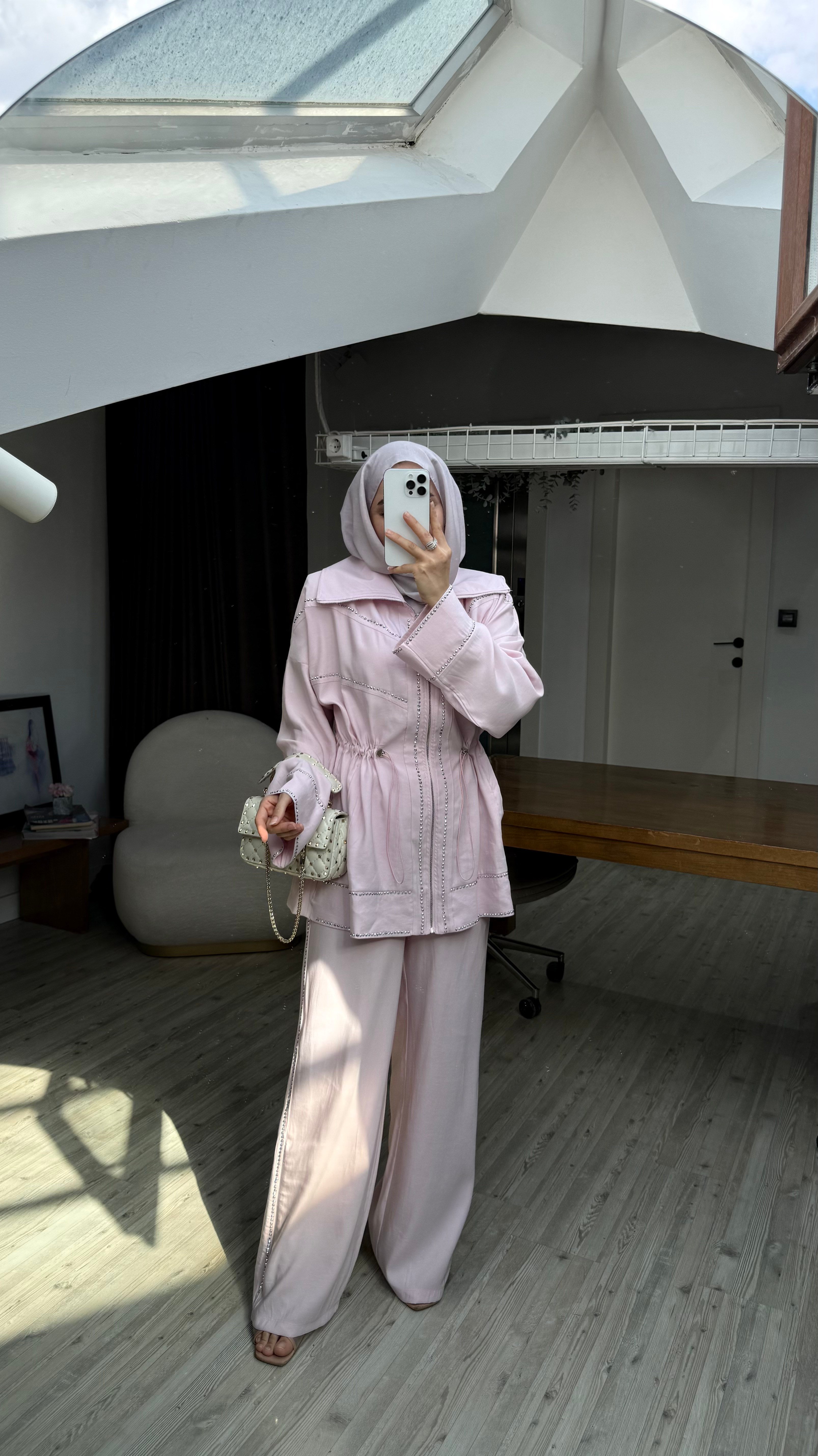 Yeni Kumaş Disa Taşlı Jakarlı Takım | Pembe