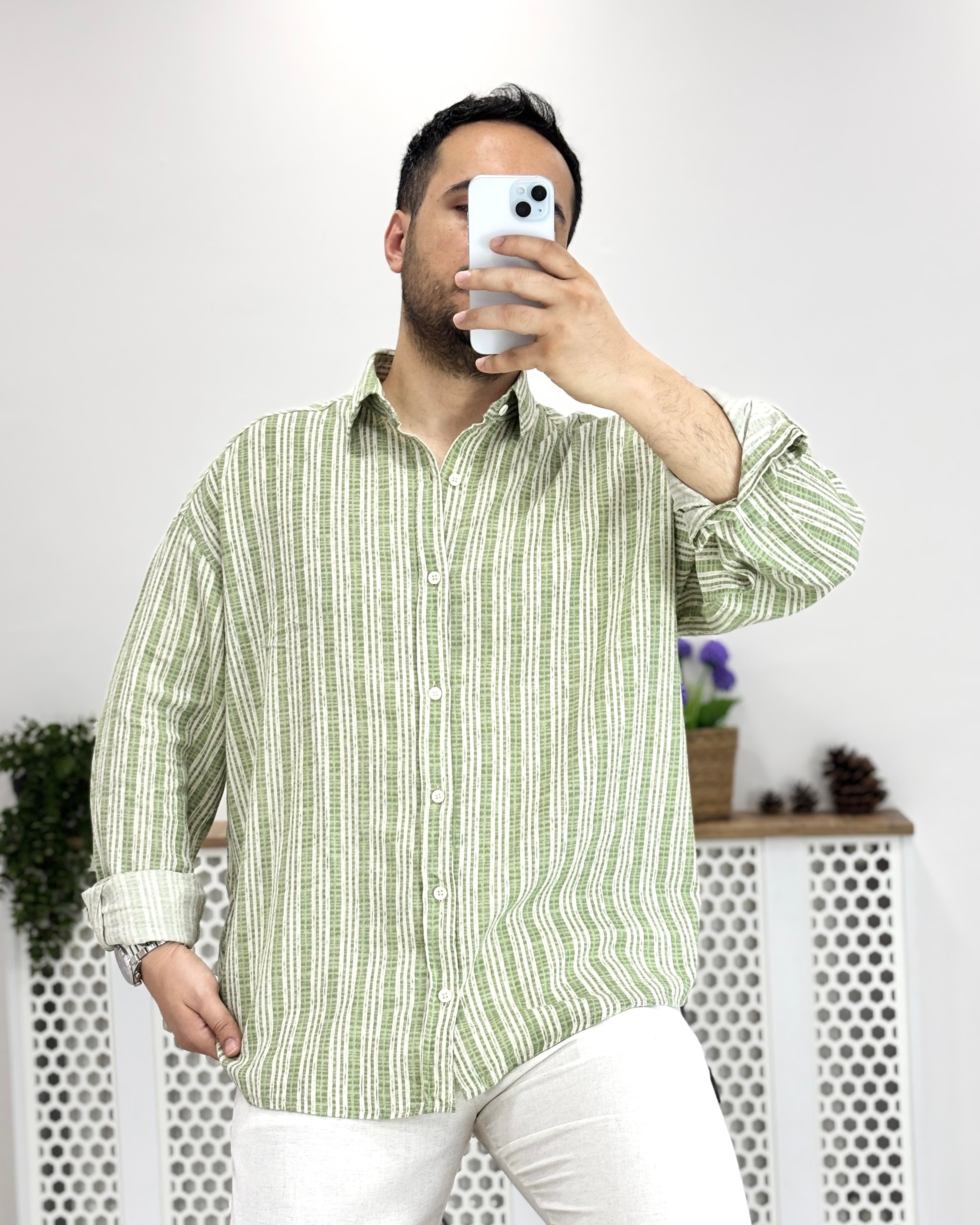 Bej Yeşil Çizgili Oversize Pamuk Gömlek G0030