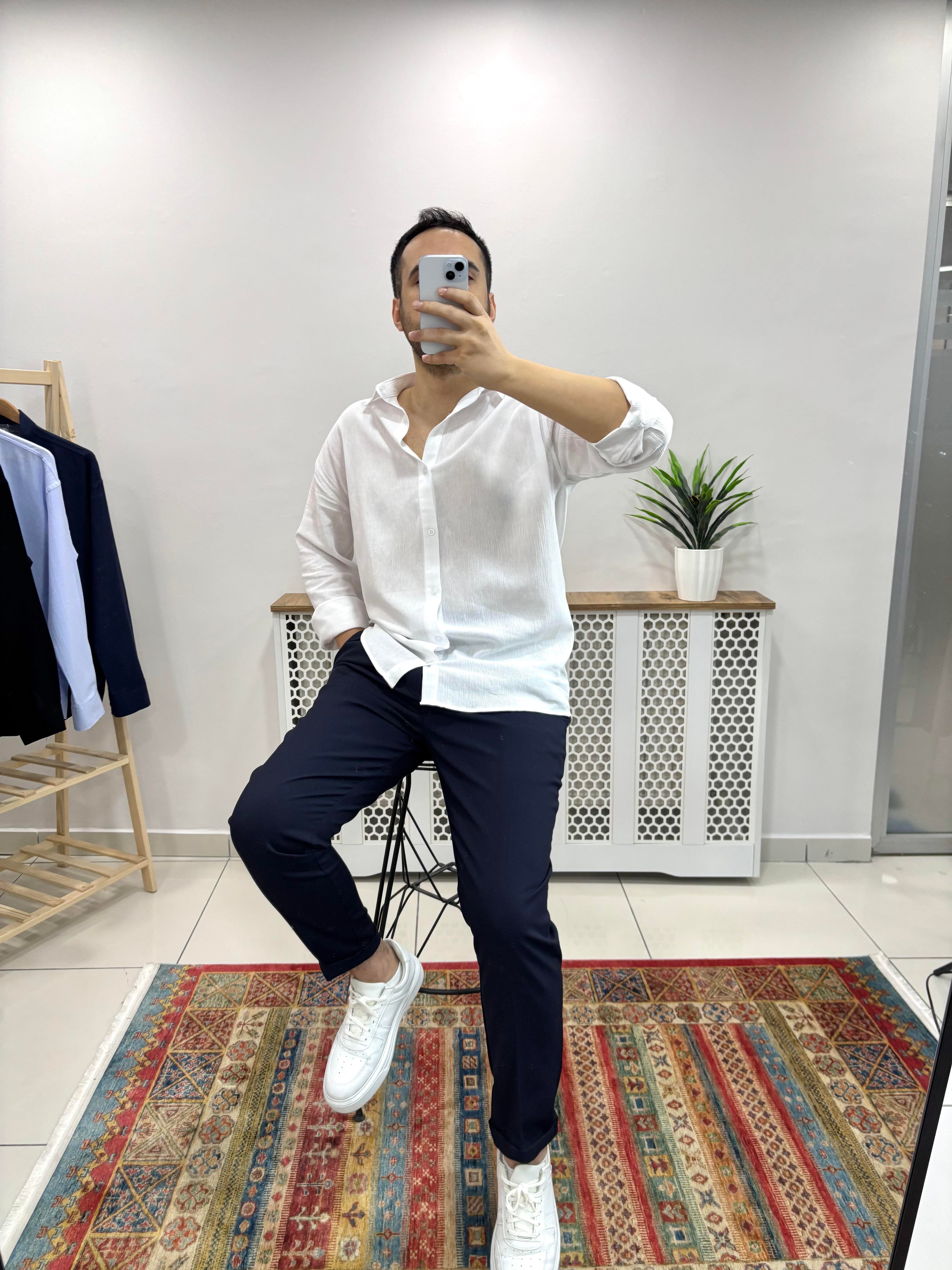 Beyaz Krinkıl Oversize  Gömlek G020
