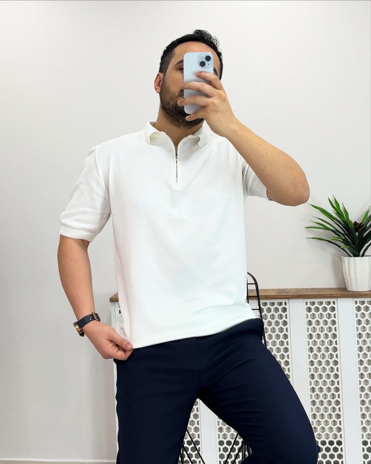 Beyaz Polo Yaka Fermuarlı Triko Tshirt T0008