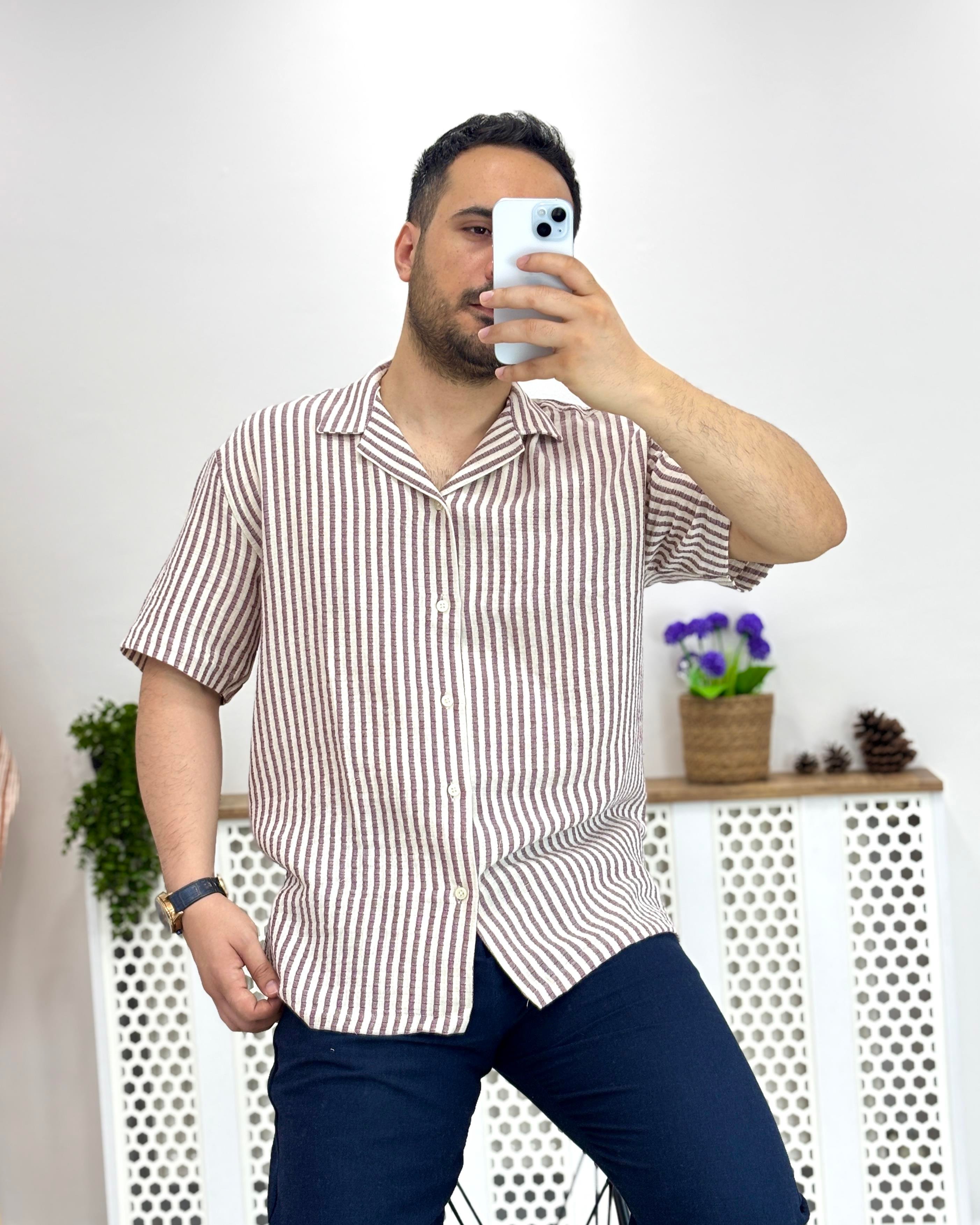 Ekru Bordo Çizgili Apaş Yaka Kısa Kol Gömlek G0031