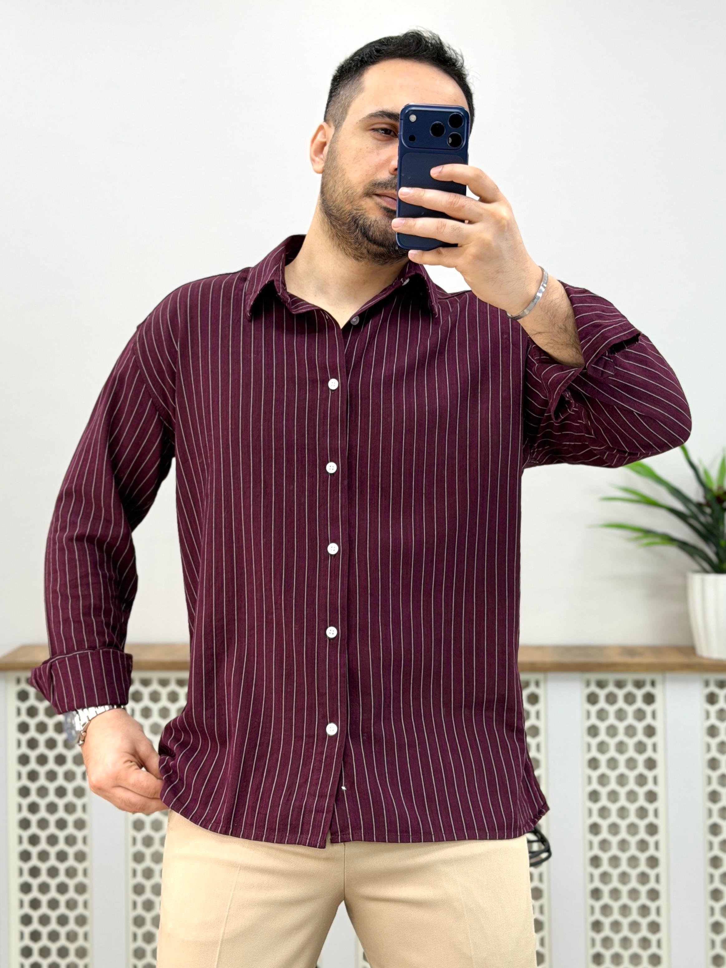Estilo Bordo Oversize Çizgili Pamuk Gömlek G0037