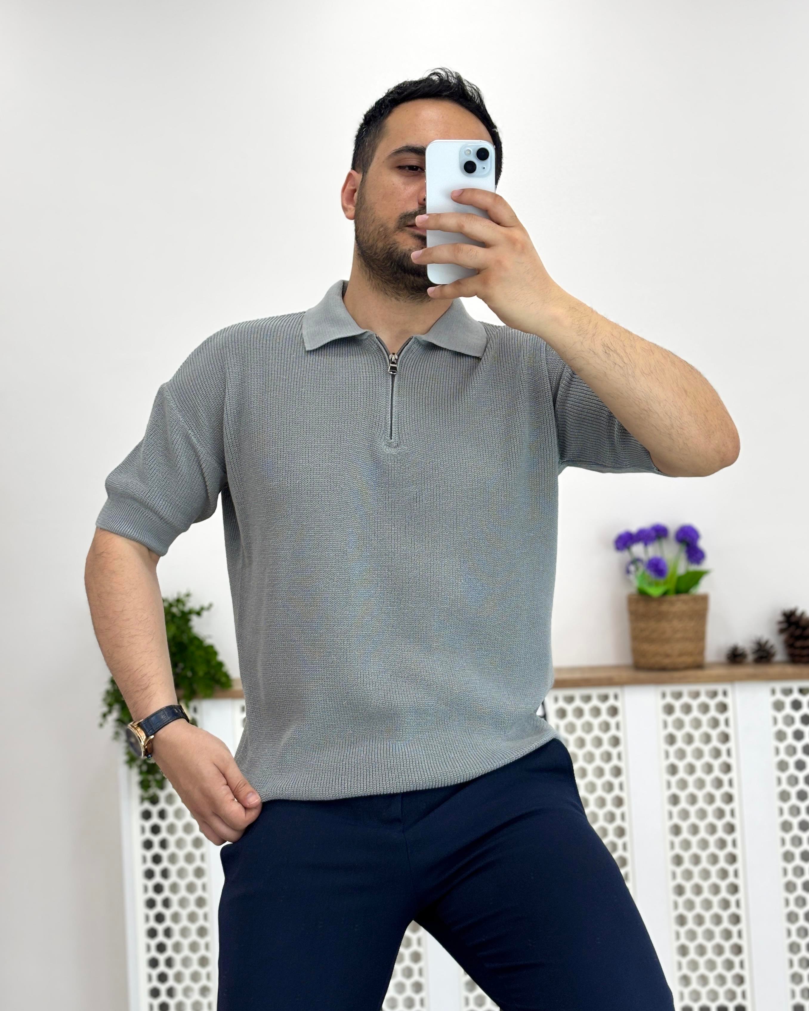Gri Polo Yaka Oversize Triko Tshirt T0016
