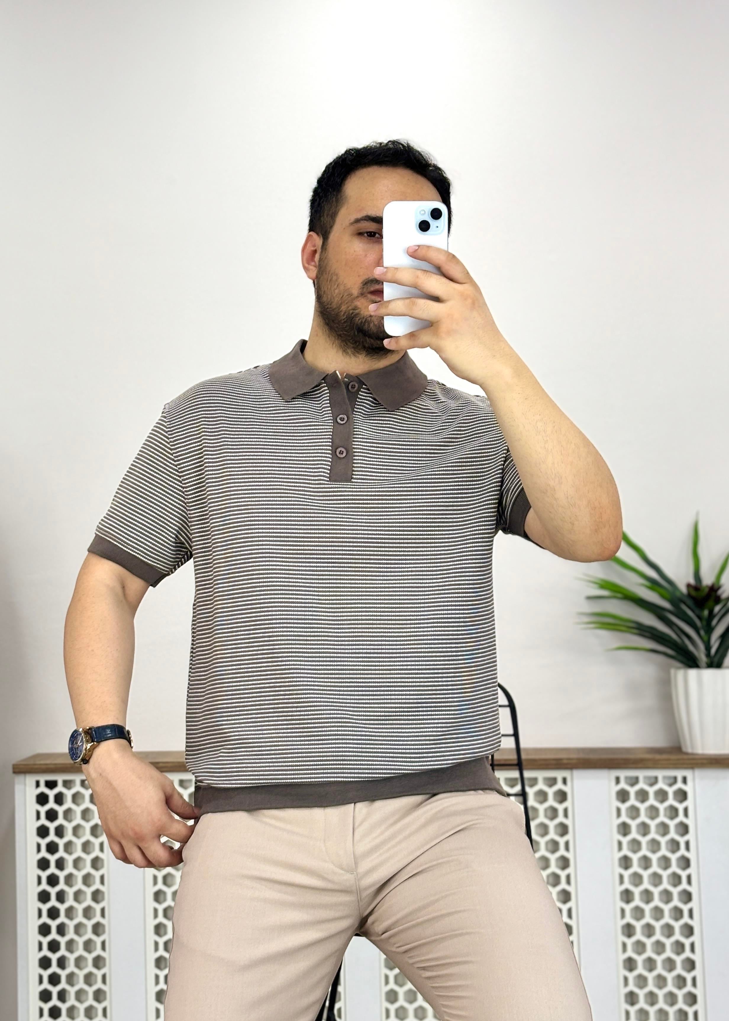 Kahve Beyaz Çizgili Polo Yaka Örme Tshirt T0019